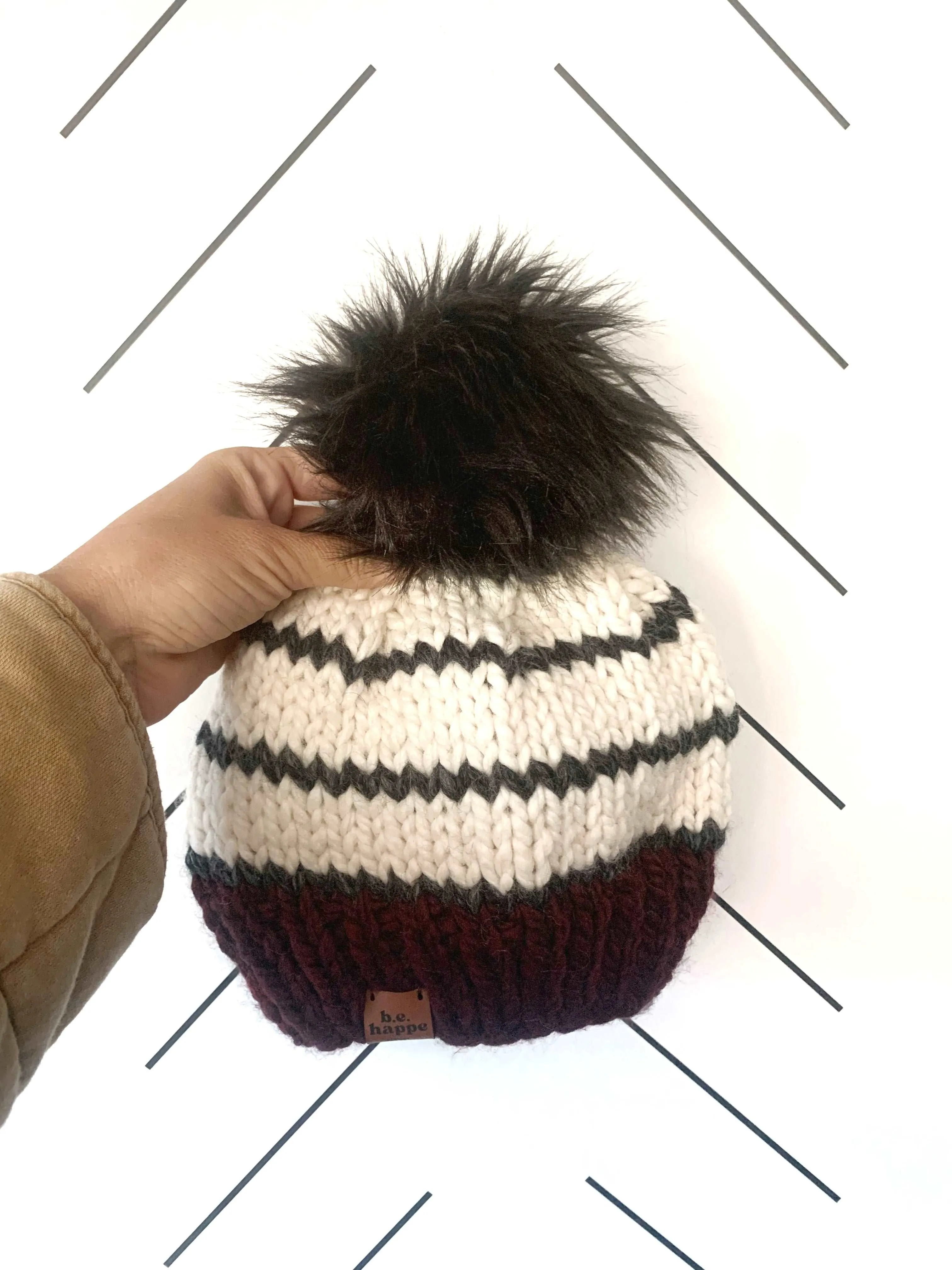 0-3 month Baby Striped Knit Pom Hat | Maroon   Charcoal Gray