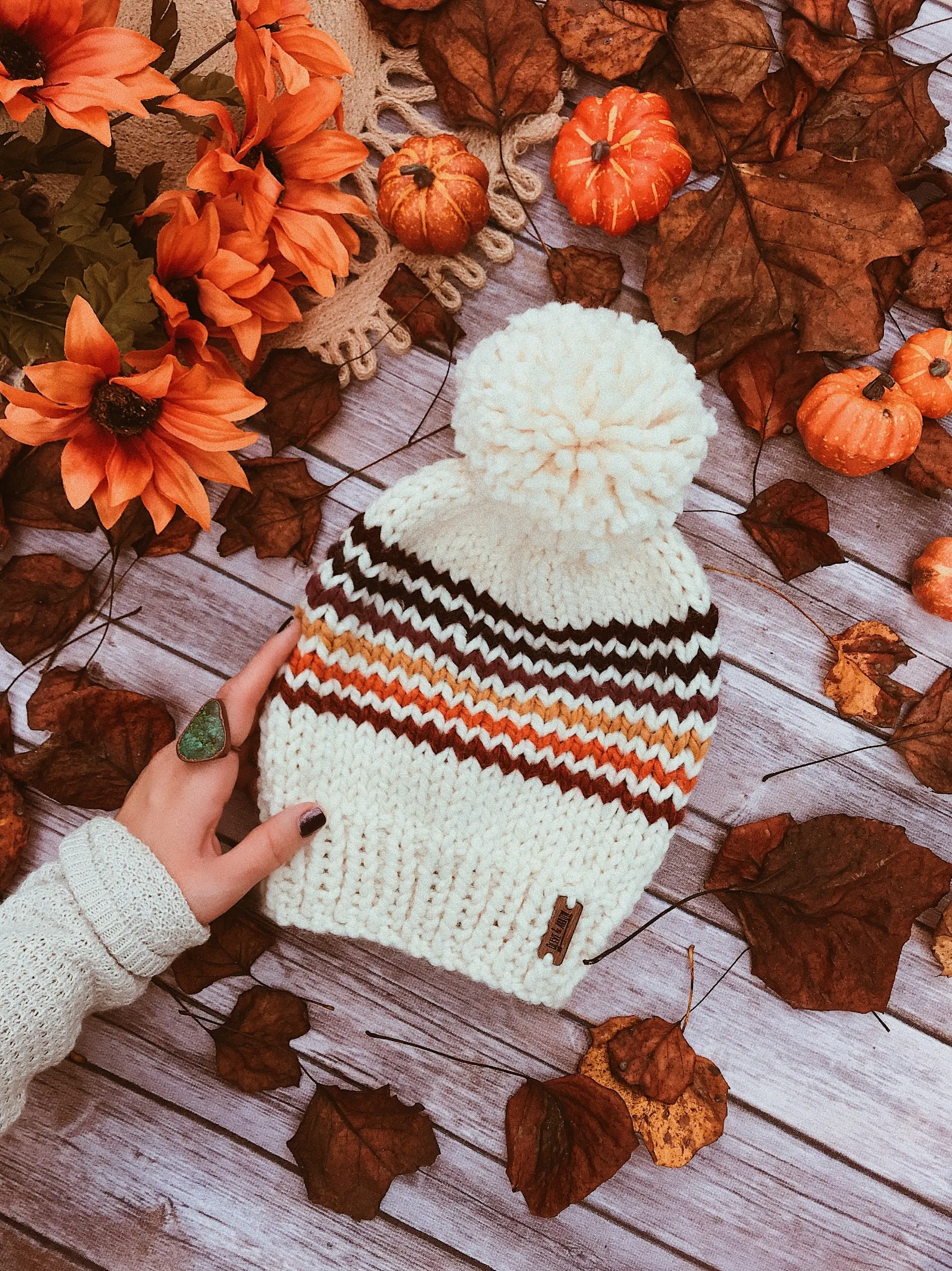 Adult Knitted Striped Beanie with Yarn Pom Pom // Retro Rainbow Stripes