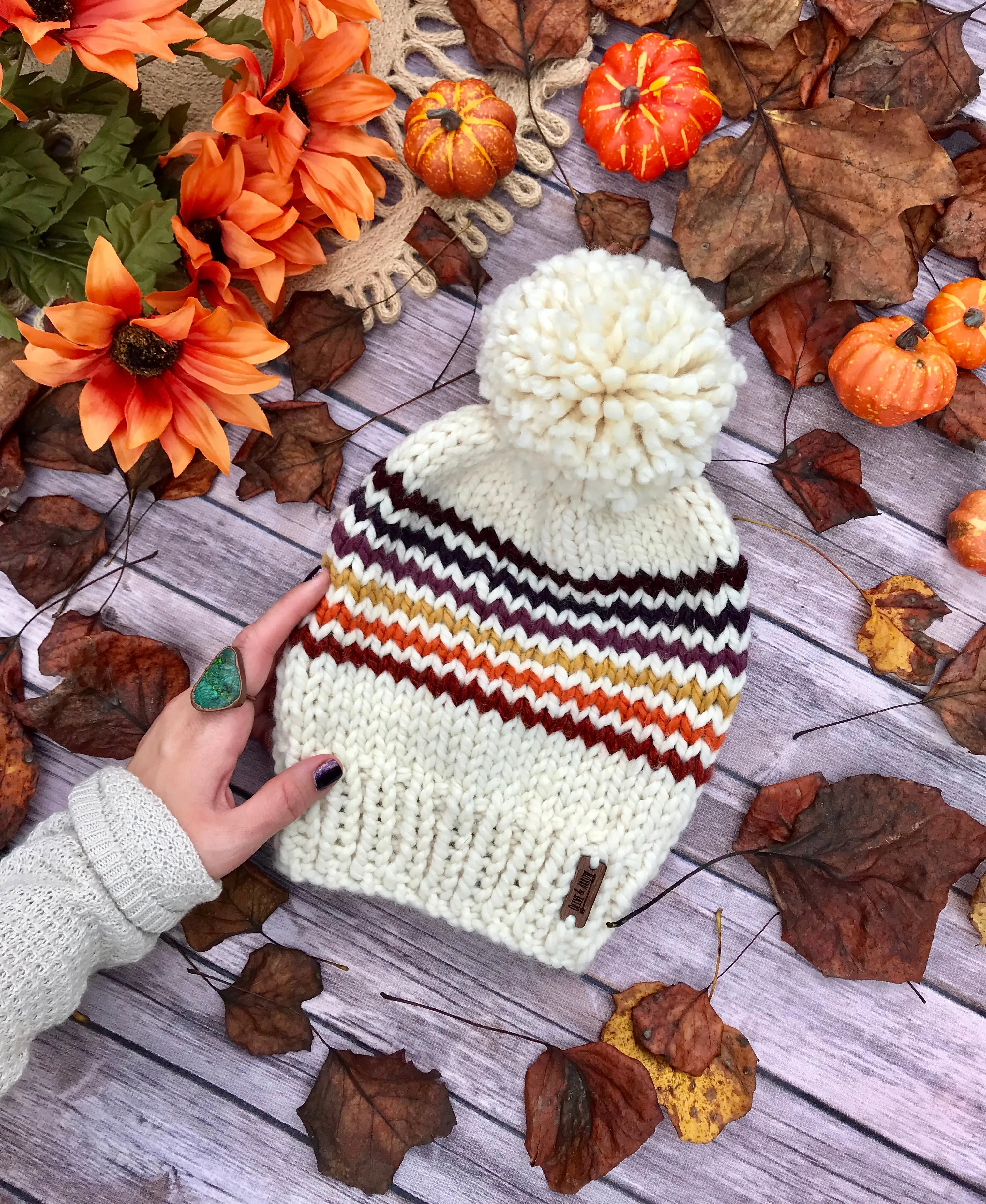 Adult Knitted Striped Beanie with Yarn Pom Pom // Retro Rainbow Stripes