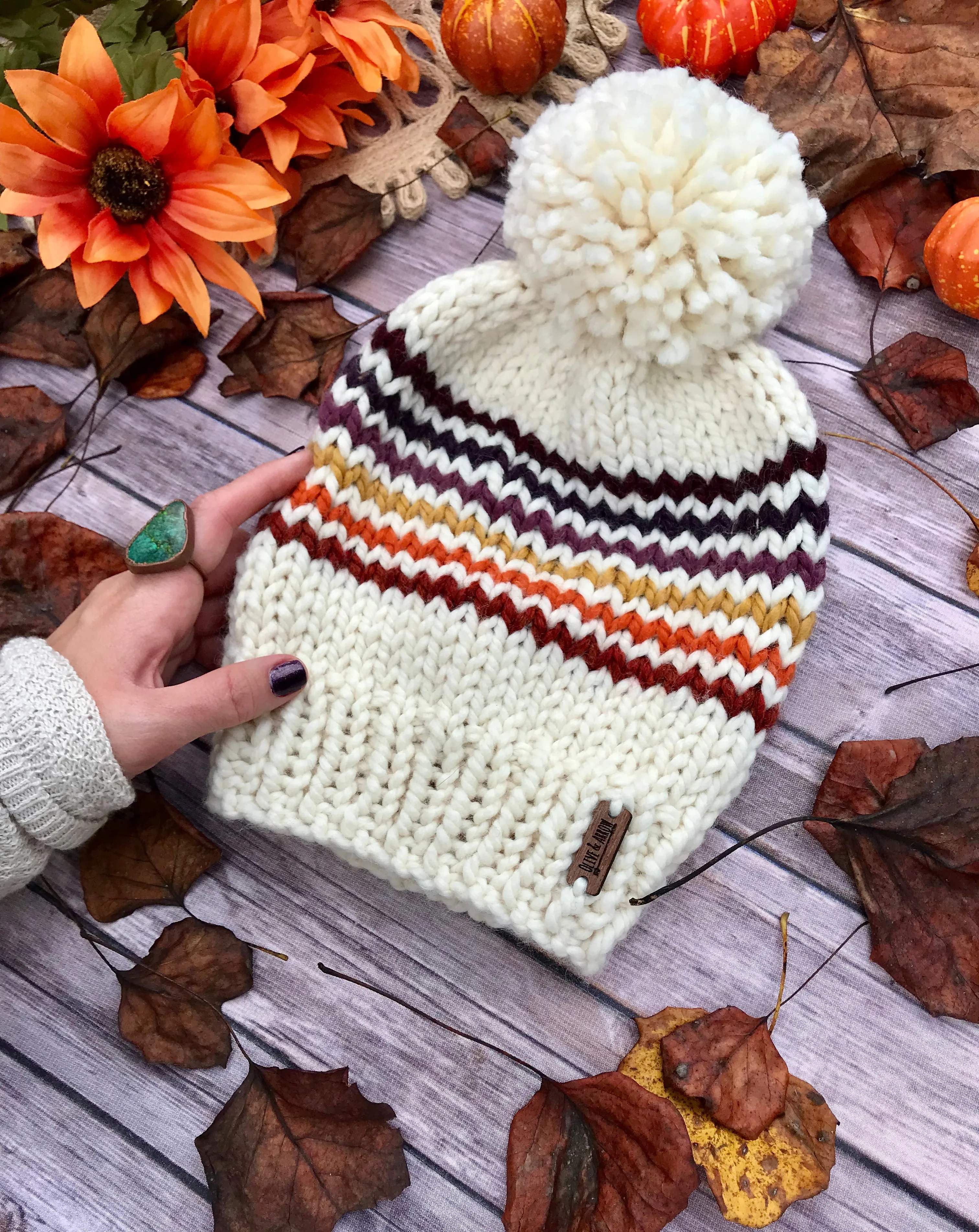 Adult Knitted Striped Beanie with Yarn Pom Pom // Retro Rainbow Stripes