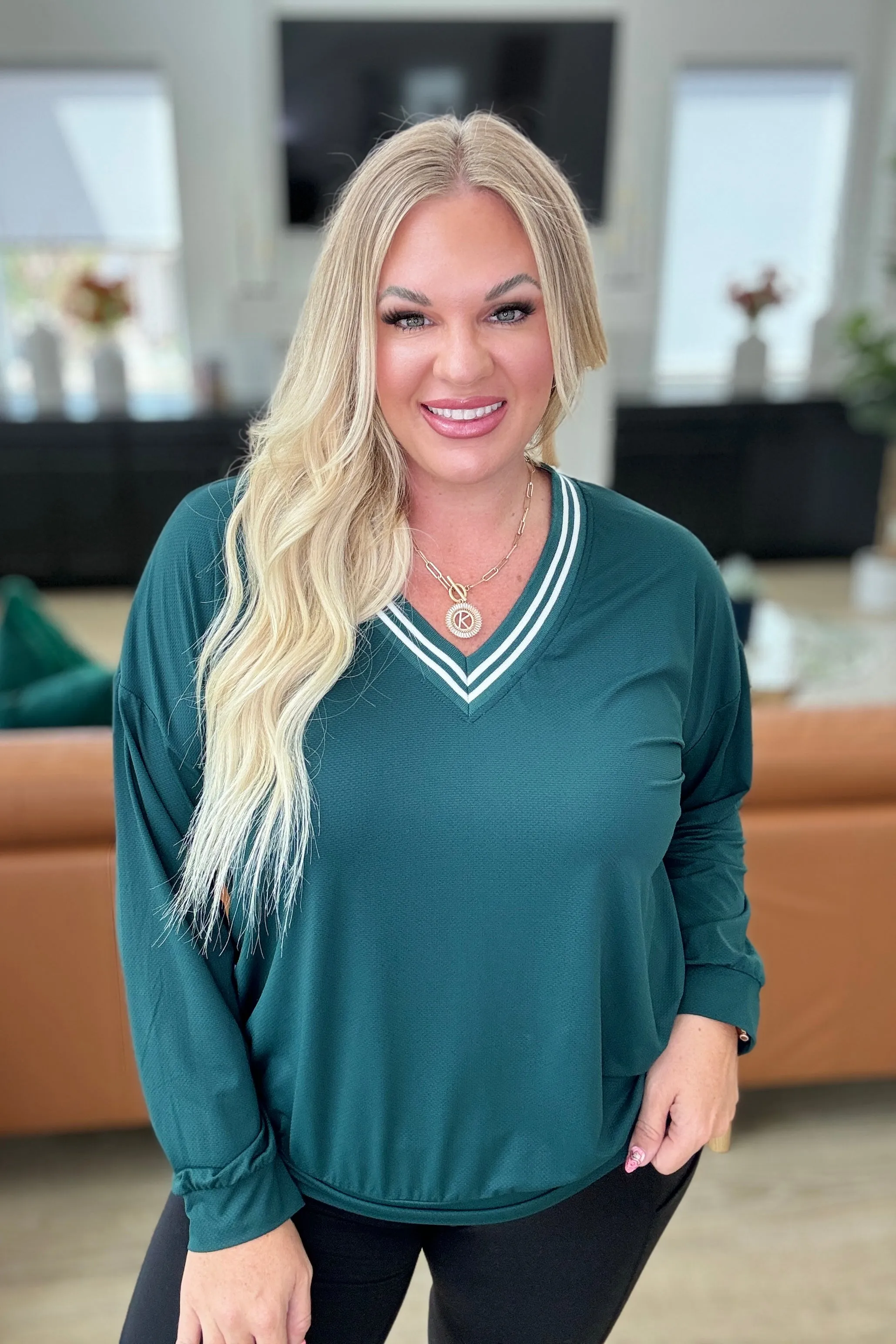 All Out Comfort V-Neck Pullover in Midnight Green