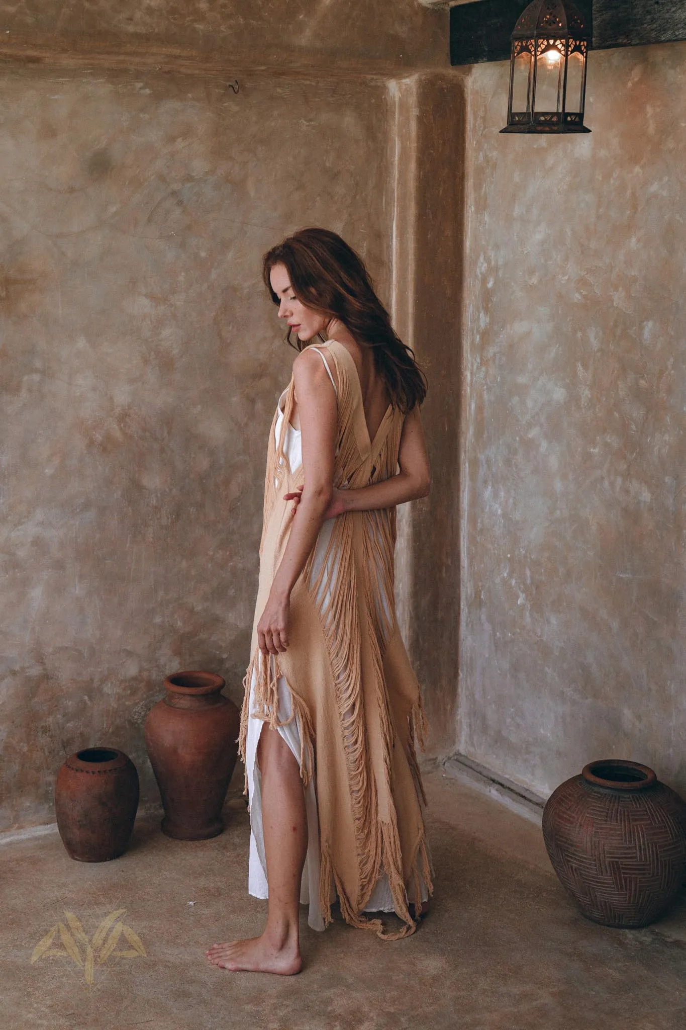 Beige Ochre Boho Handwoven Hand-Loomed See Through Dress