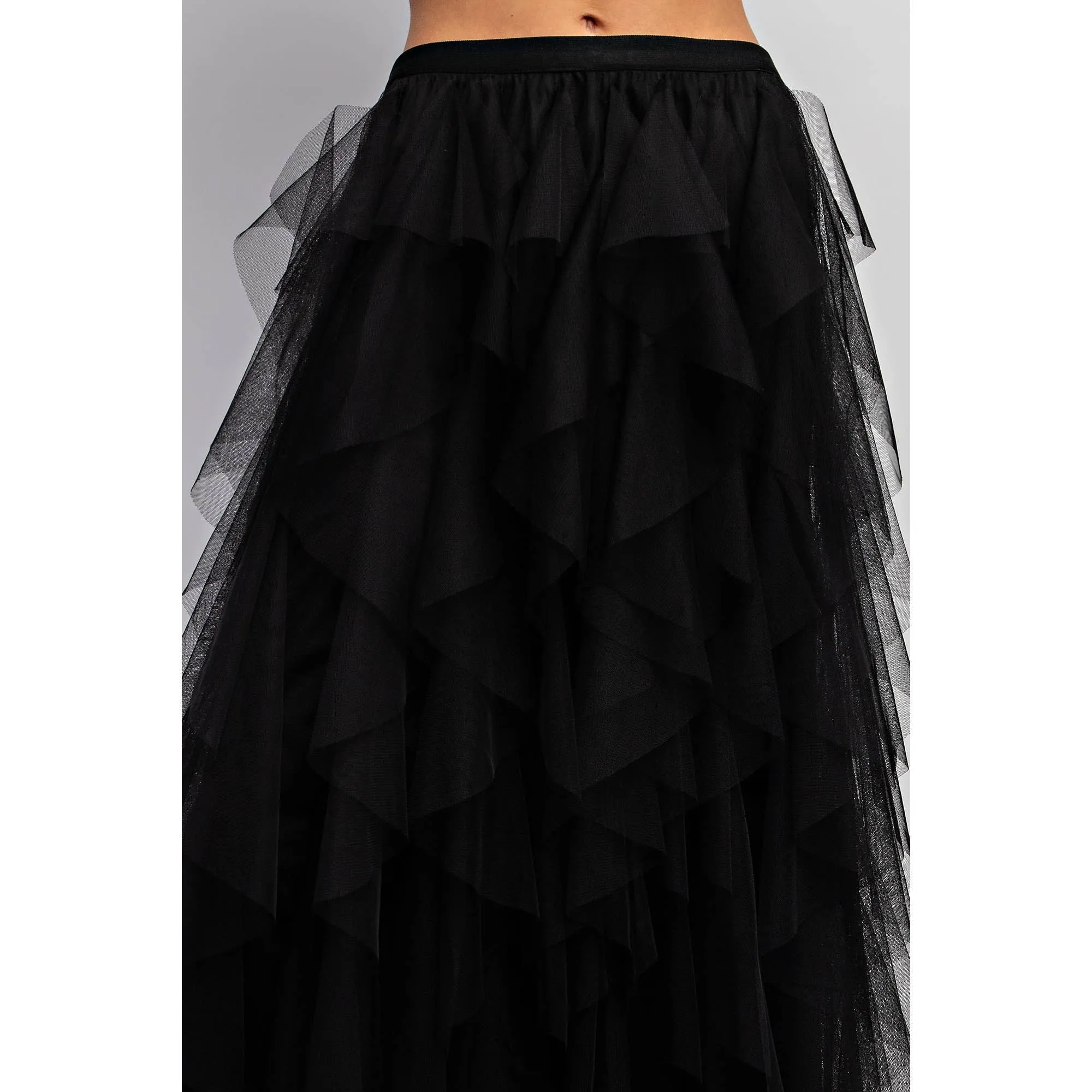 Black Cascading Tulle Mesh Layered Maxi Skirt at Bourbon Cowgirl