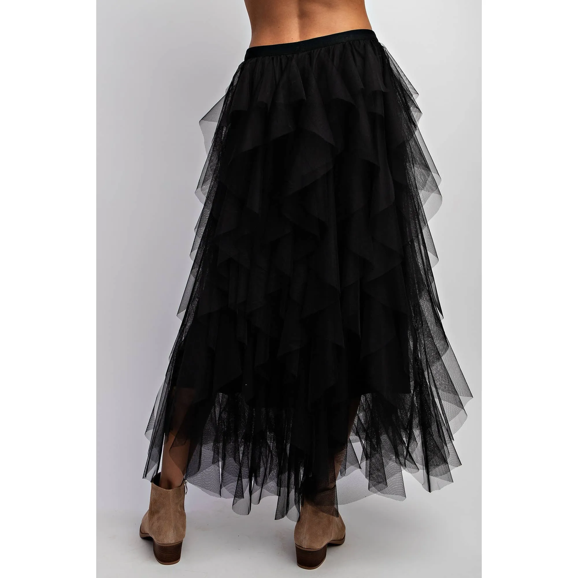 Black Cascading Tulle Mesh Layered Maxi Skirt at Bourbon Cowgirl