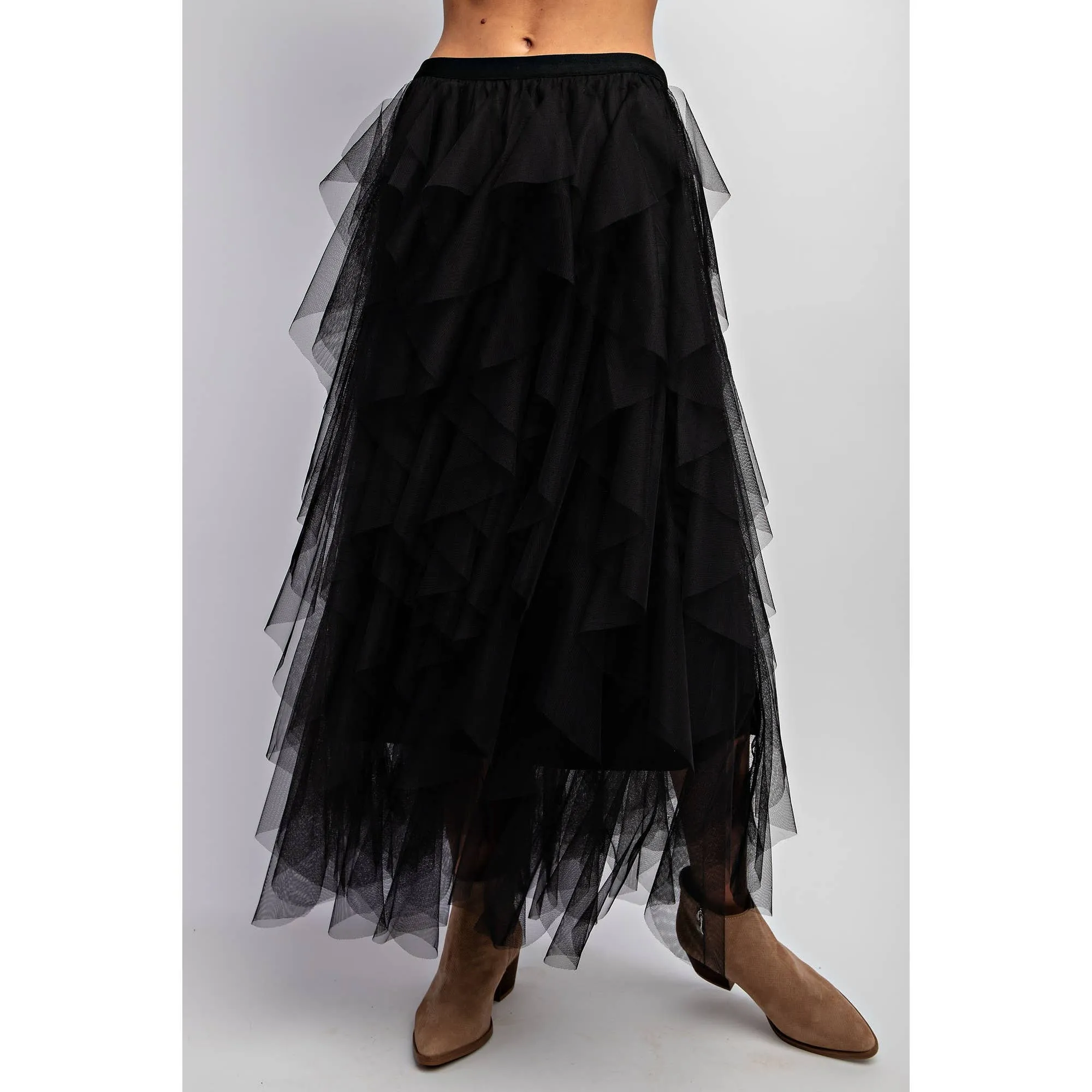 Black Cascading Tulle Mesh Layered Maxi Skirt at Bourbon Cowgirl