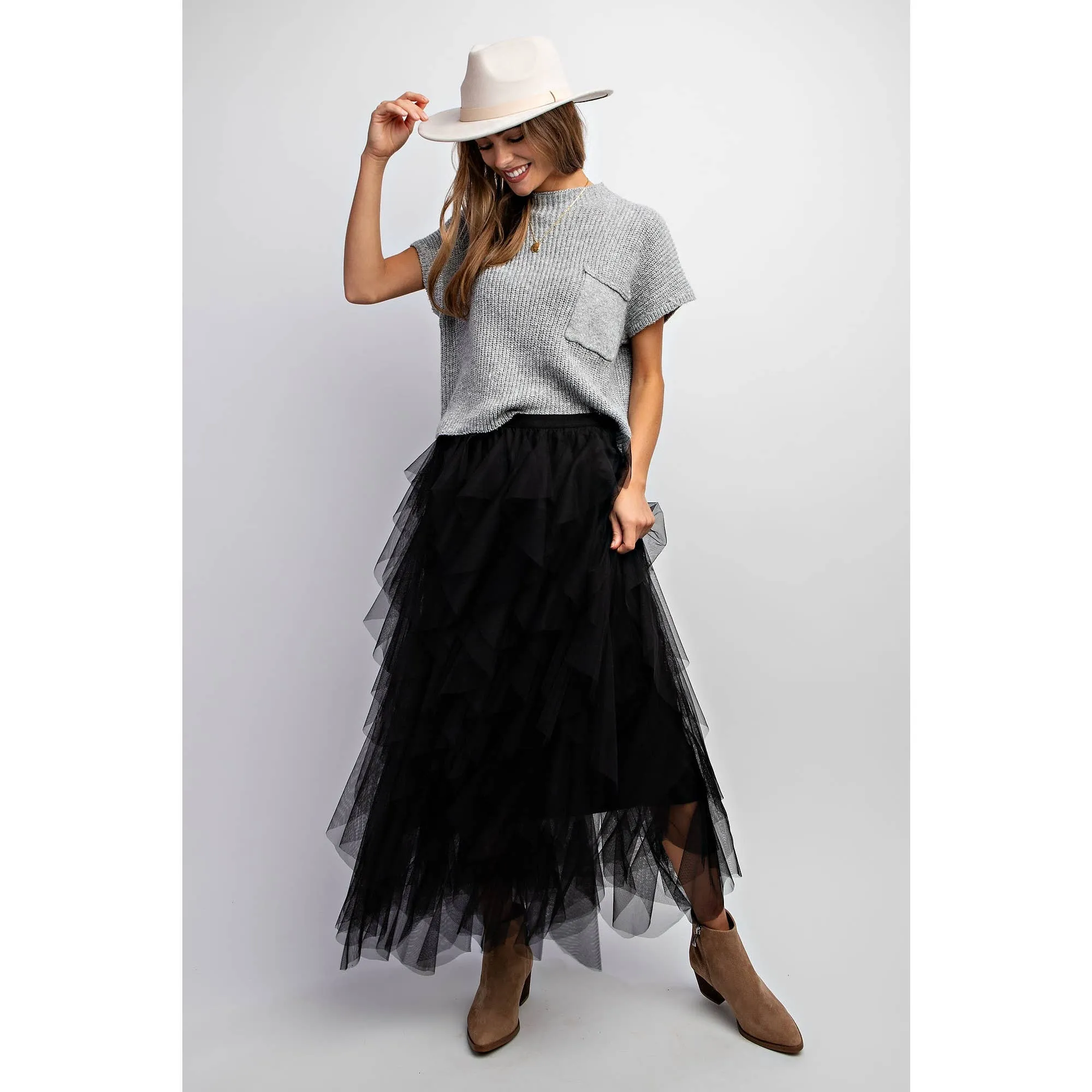 Black Cascading Tulle Mesh Layered Maxi Skirt at Bourbon Cowgirl