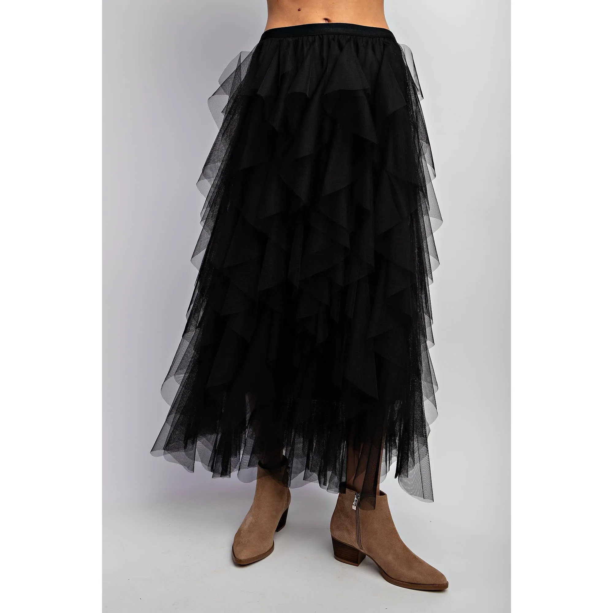 Black Cascading Tulle Mesh Layered Maxi Skirt at Bourbon Cowgirl