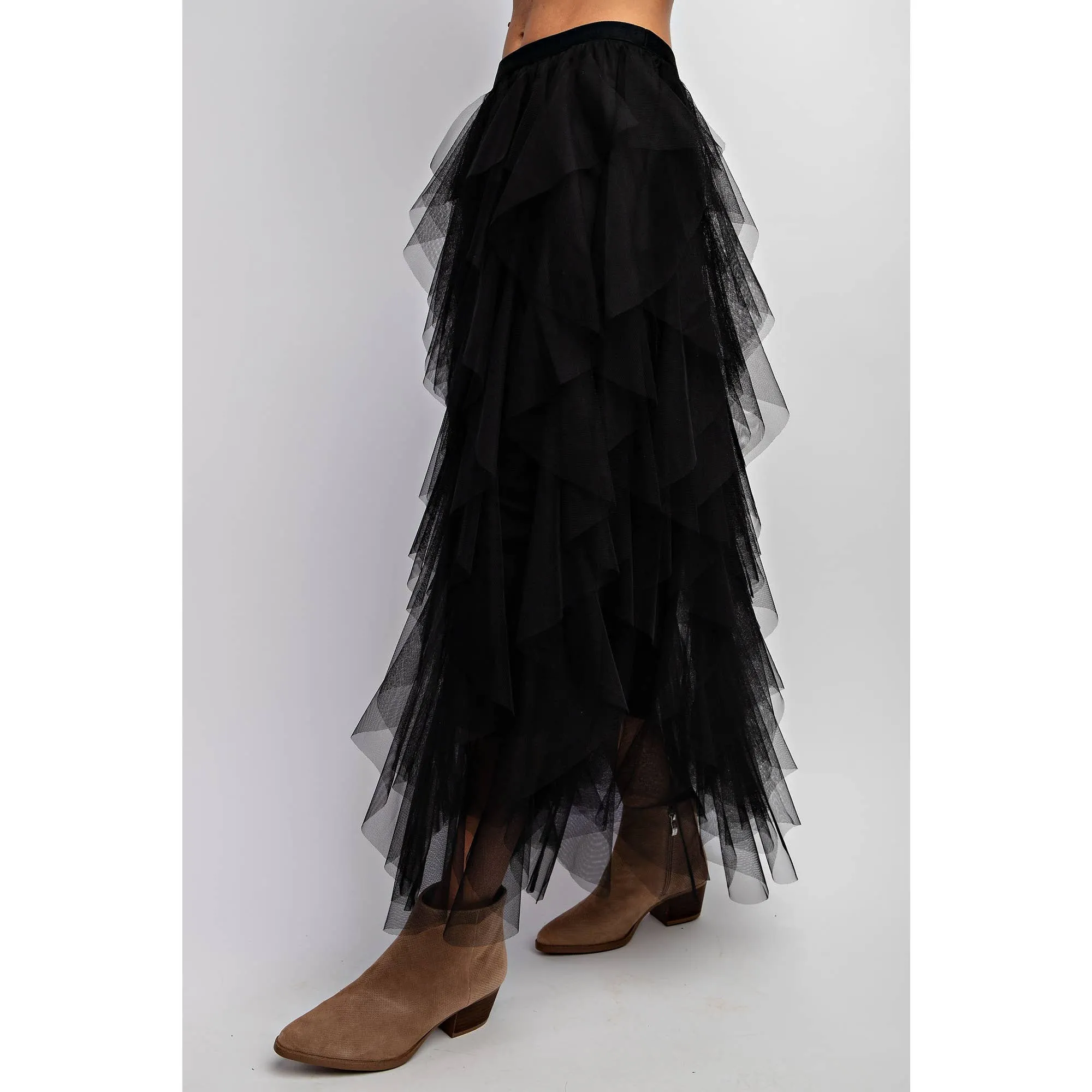 Black Cascading Tulle Mesh Layered Maxi Skirt at Bourbon Cowgirl