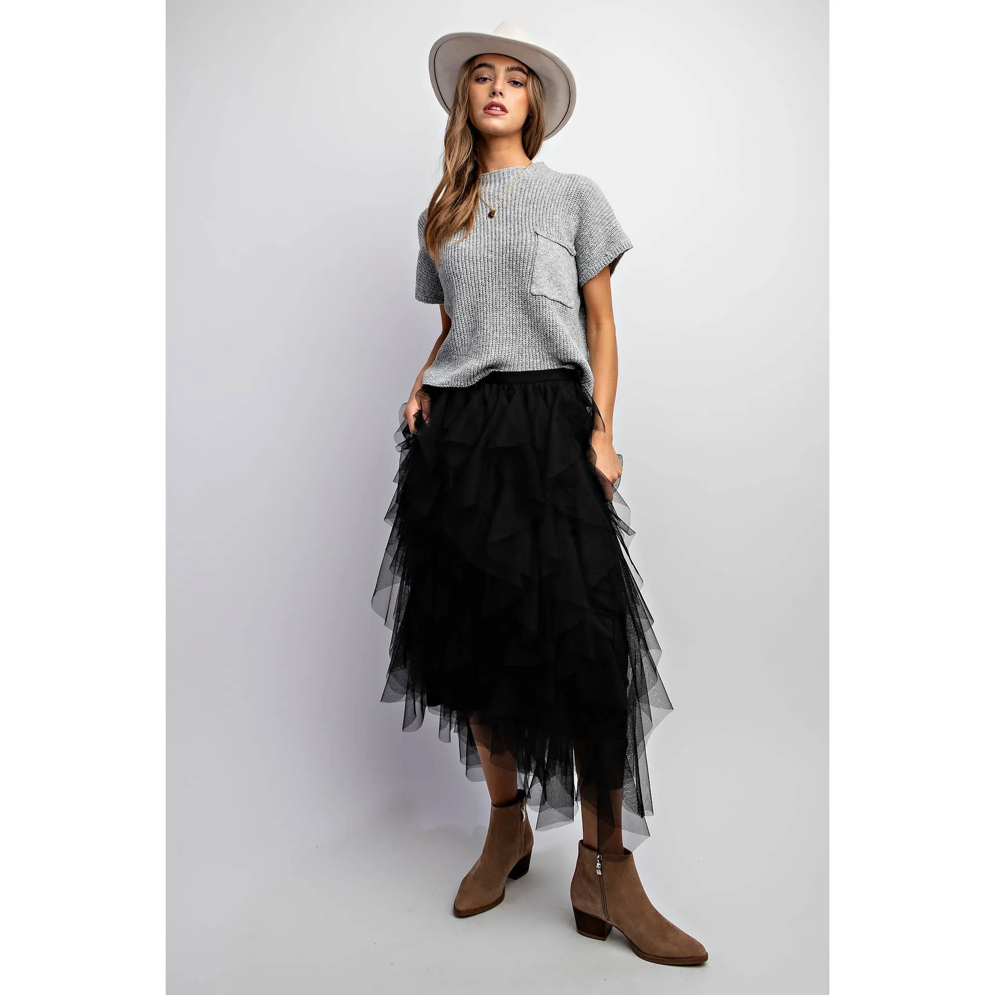 Black Cascading Tulle Mesh Layered Maxi Skirt at Bourbon Cowgirl