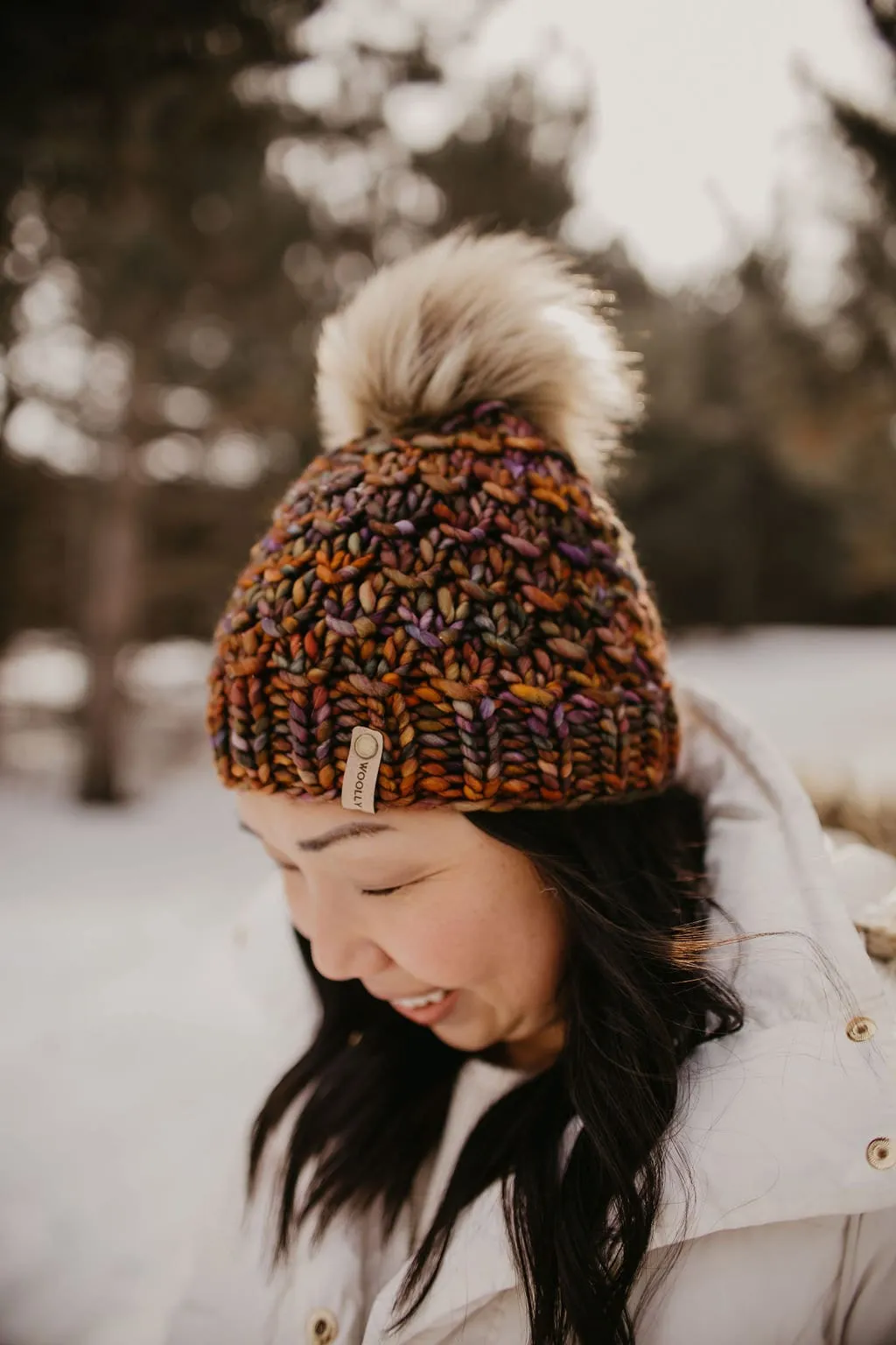 Brown Multi-Color Merino Wool Knit Hat with Faux Fur Pom Pom