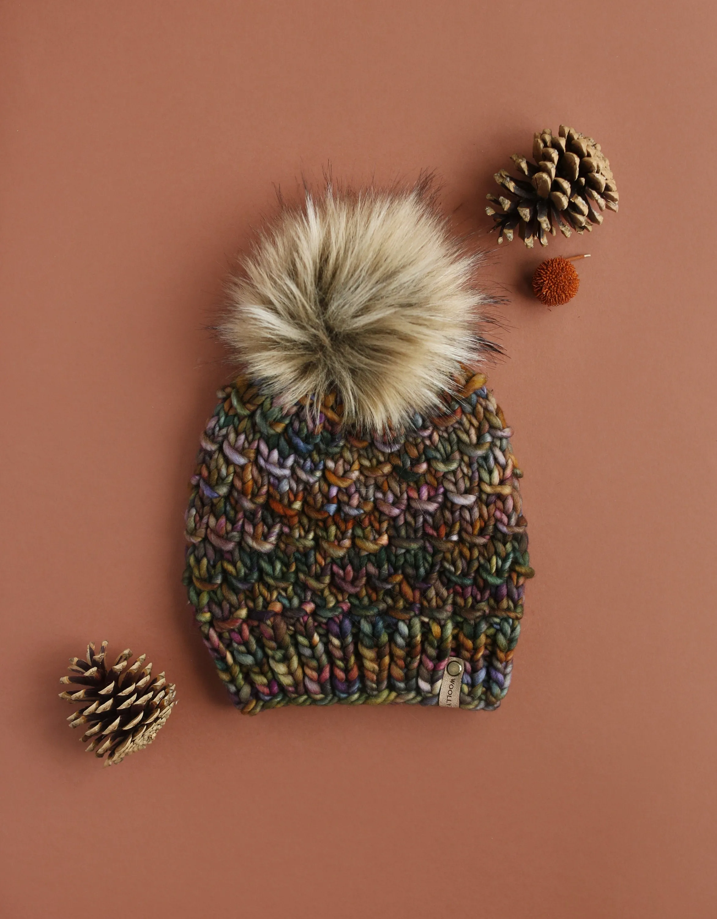 Brown Multi-Color Merino Wool Knit Hat with Faux Fur Pom Pom