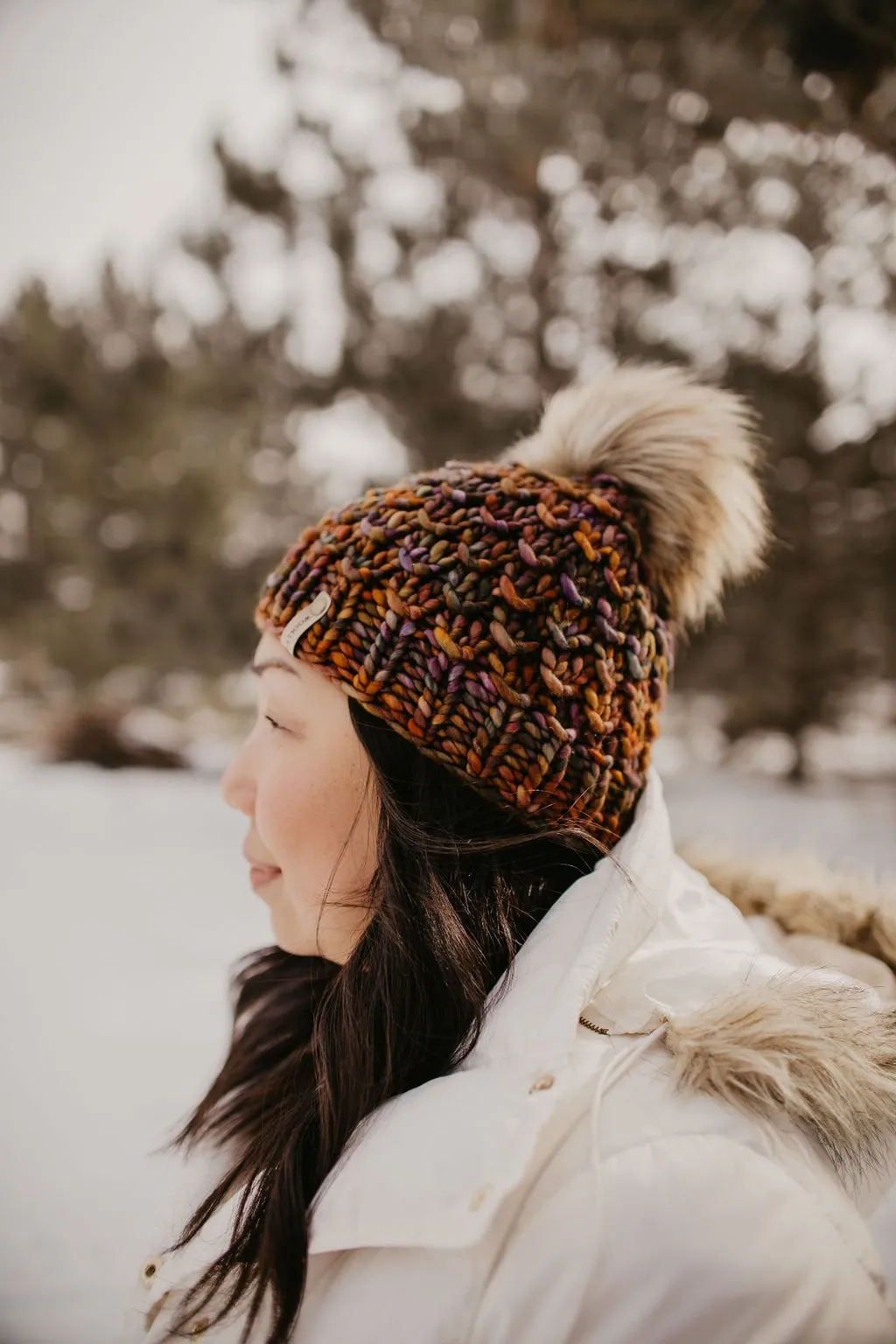 Brown Multi-Color Merino Wool Knit Hat with Faux Fur Pom Pom