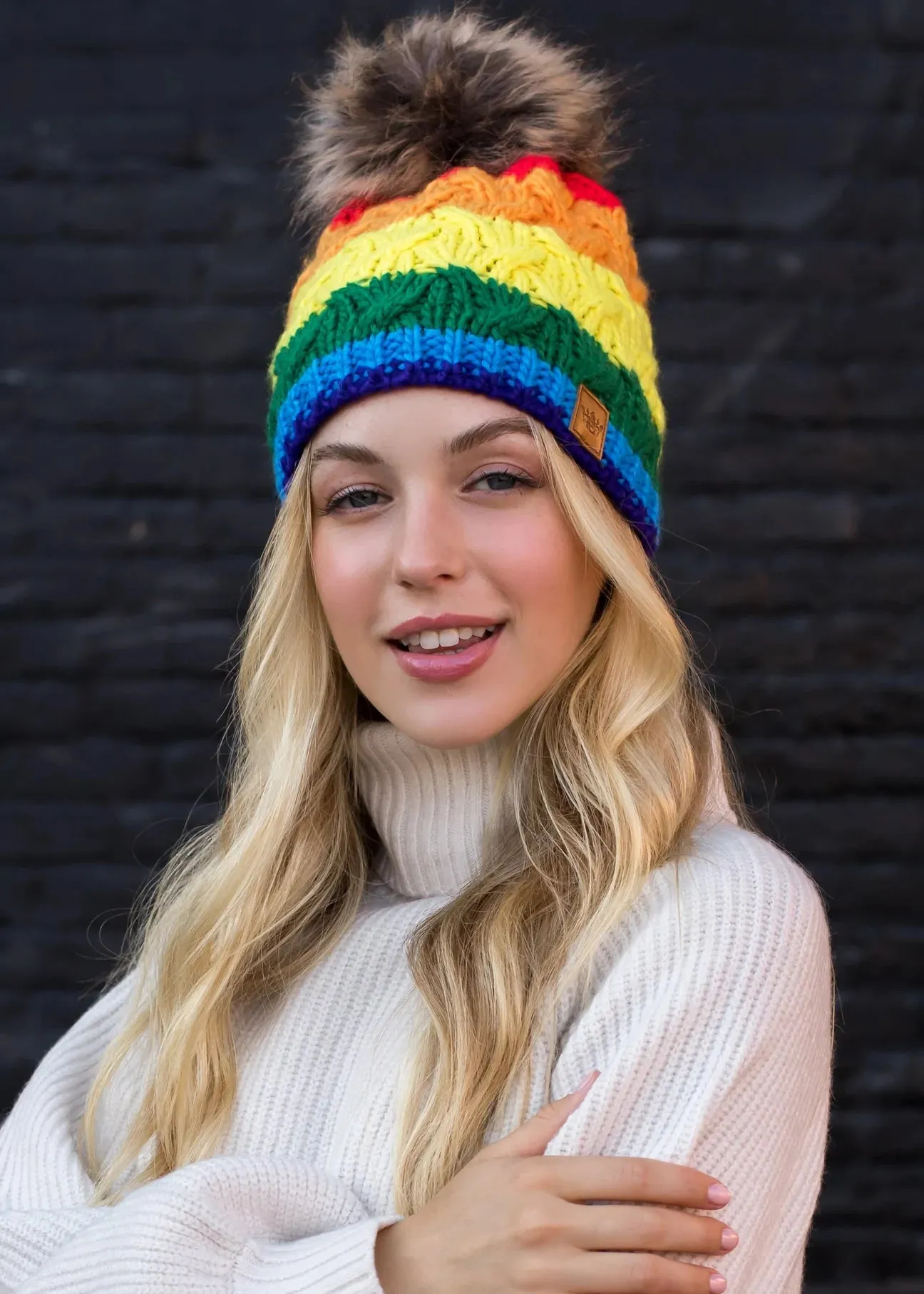 Classic Rainbow Stripe Cable Knit Hat with Pom