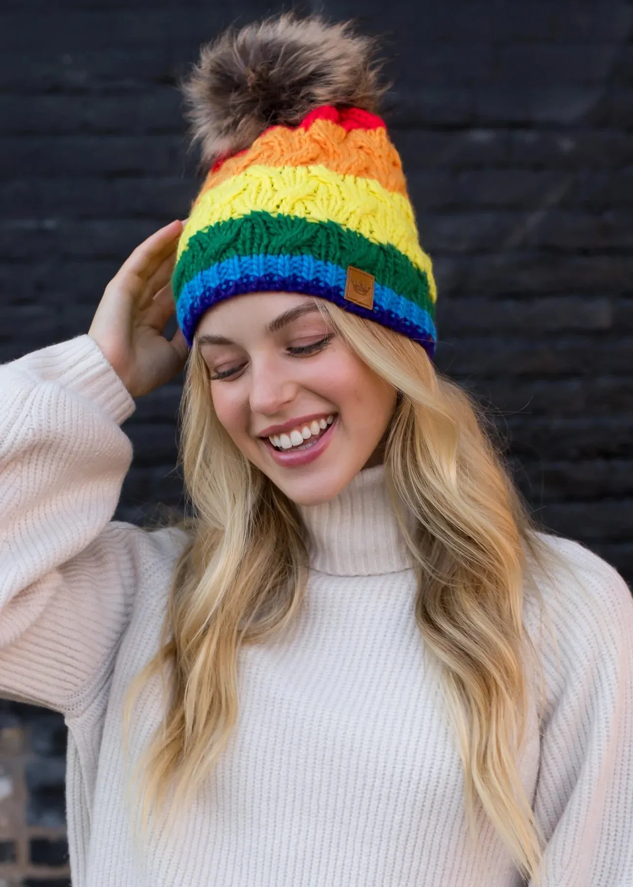 Classic Rainbow Stripe Cable Knit Hat with Pom