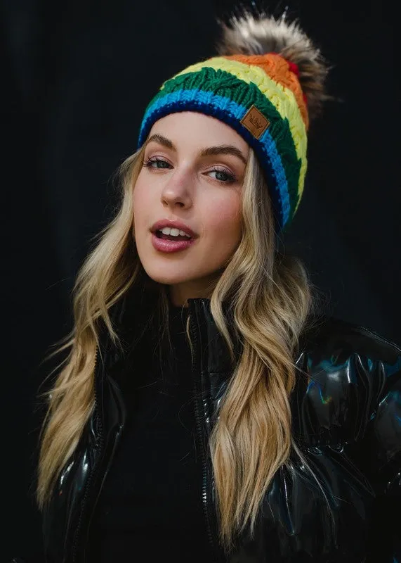 Classic Rainbow Stripe Cable Knit Hat with Pom