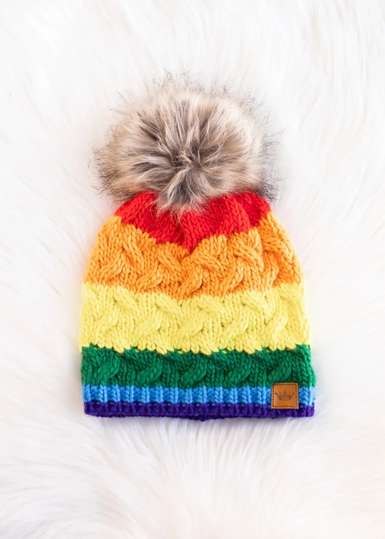 Classic Rainbow Stripe Cable Knit Hat with Pom