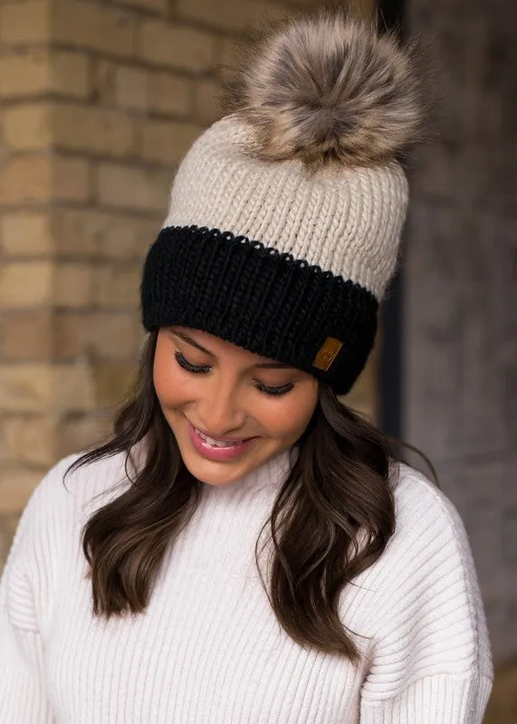 Color-block Knit Hat with Faux Fur Pom