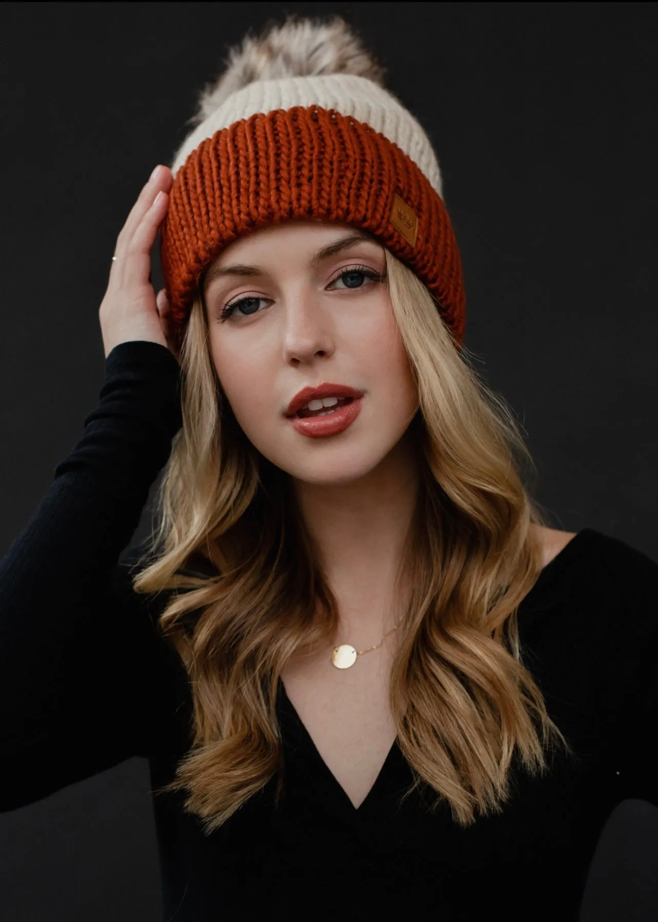 Color-block Knit Hat with Faux Fur Pom