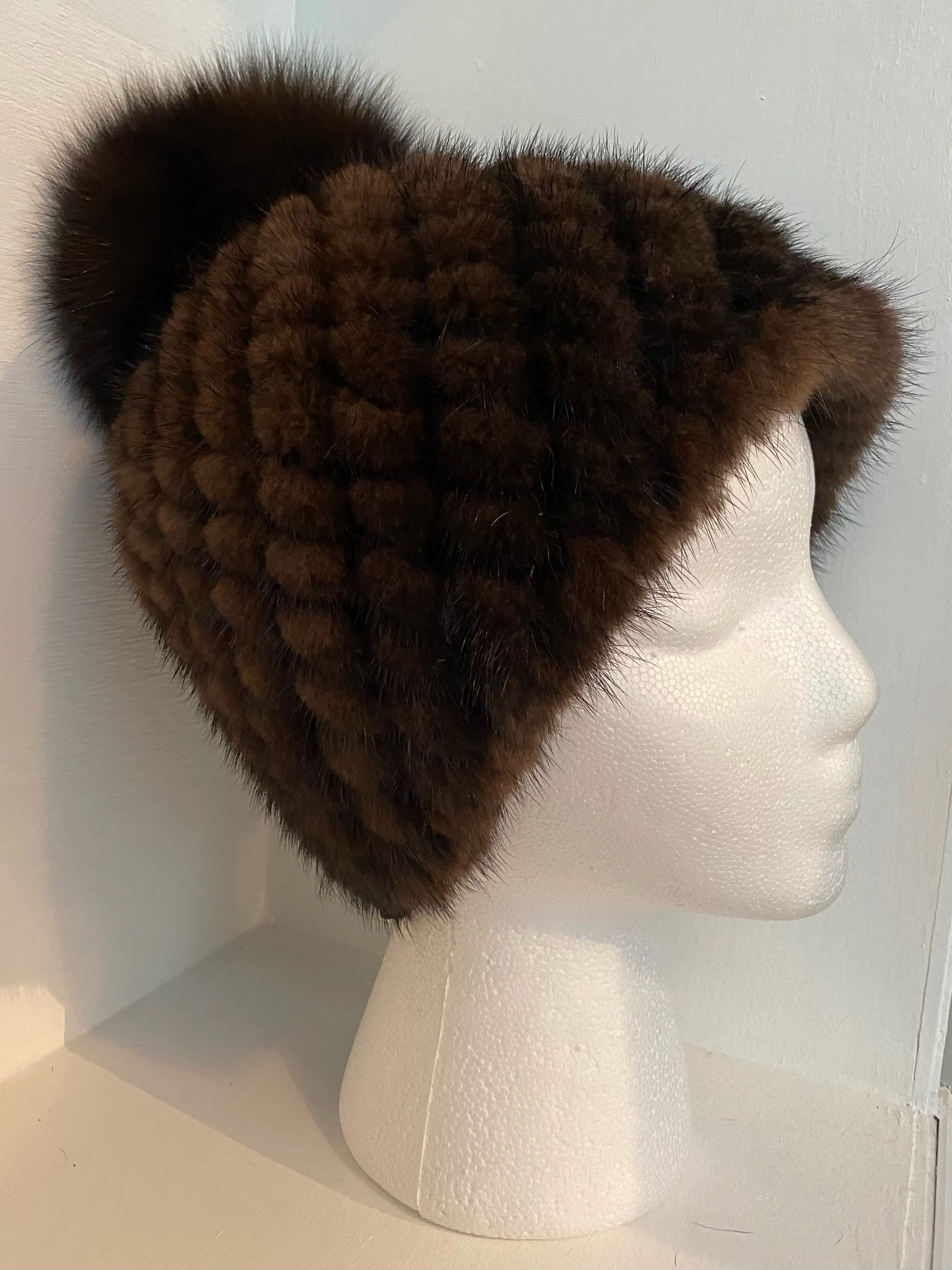 Dark Brown Mink Knit Hat with Pompom