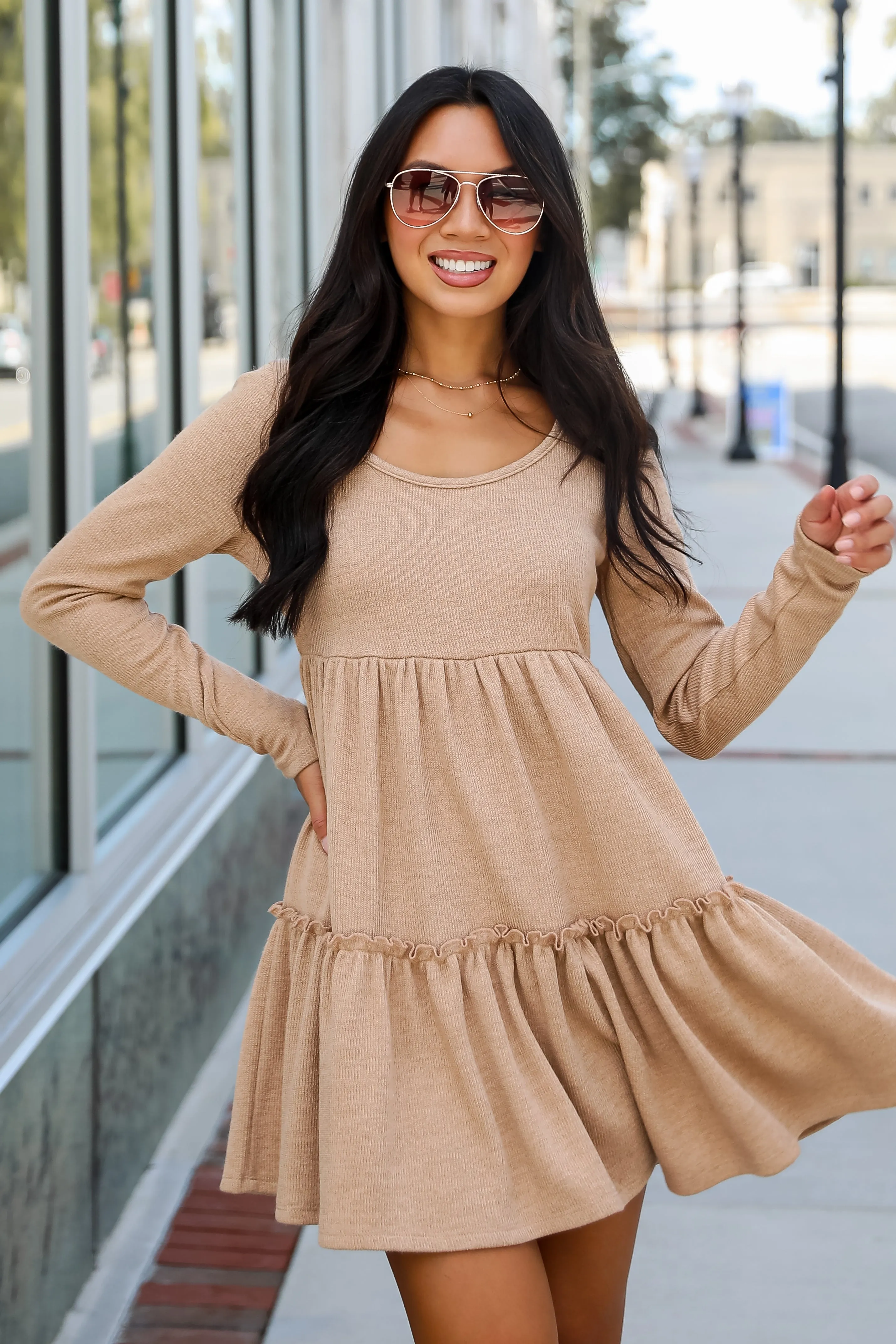 FINAL SALE - Adorable Promise Taupe Knit Babydoll Mini Dress