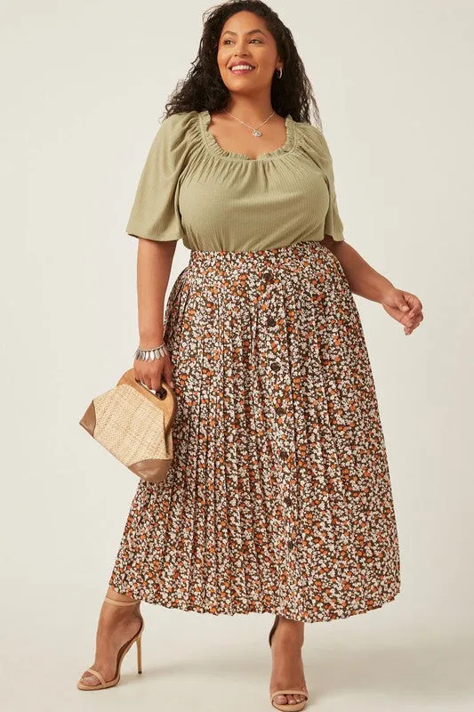 Floral Button up Pleated Skirt - EX