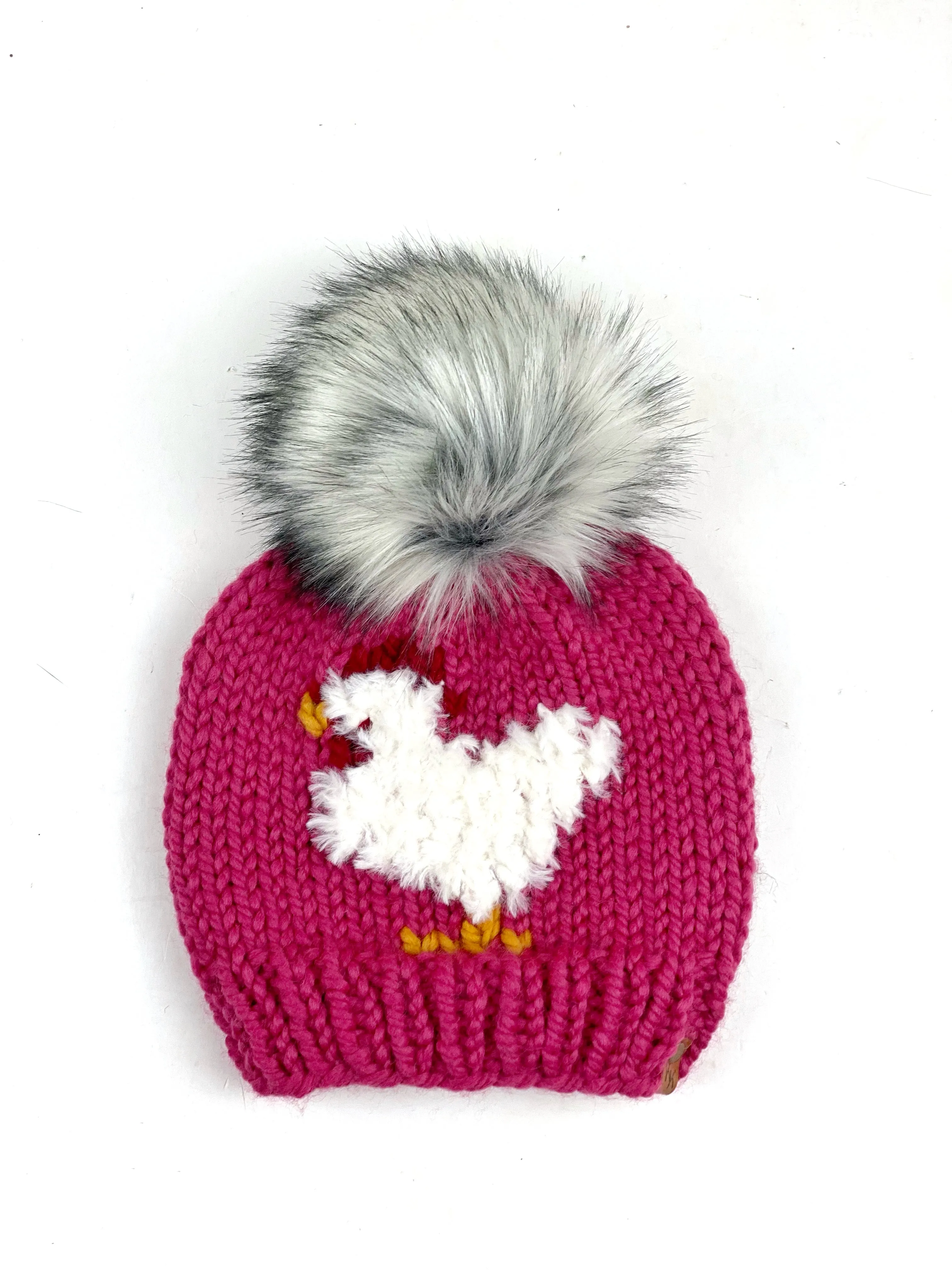 Furry Pink Chicken Beanie Wool Blend Womens Adult Hat Faux Fur Pom Pom Hat