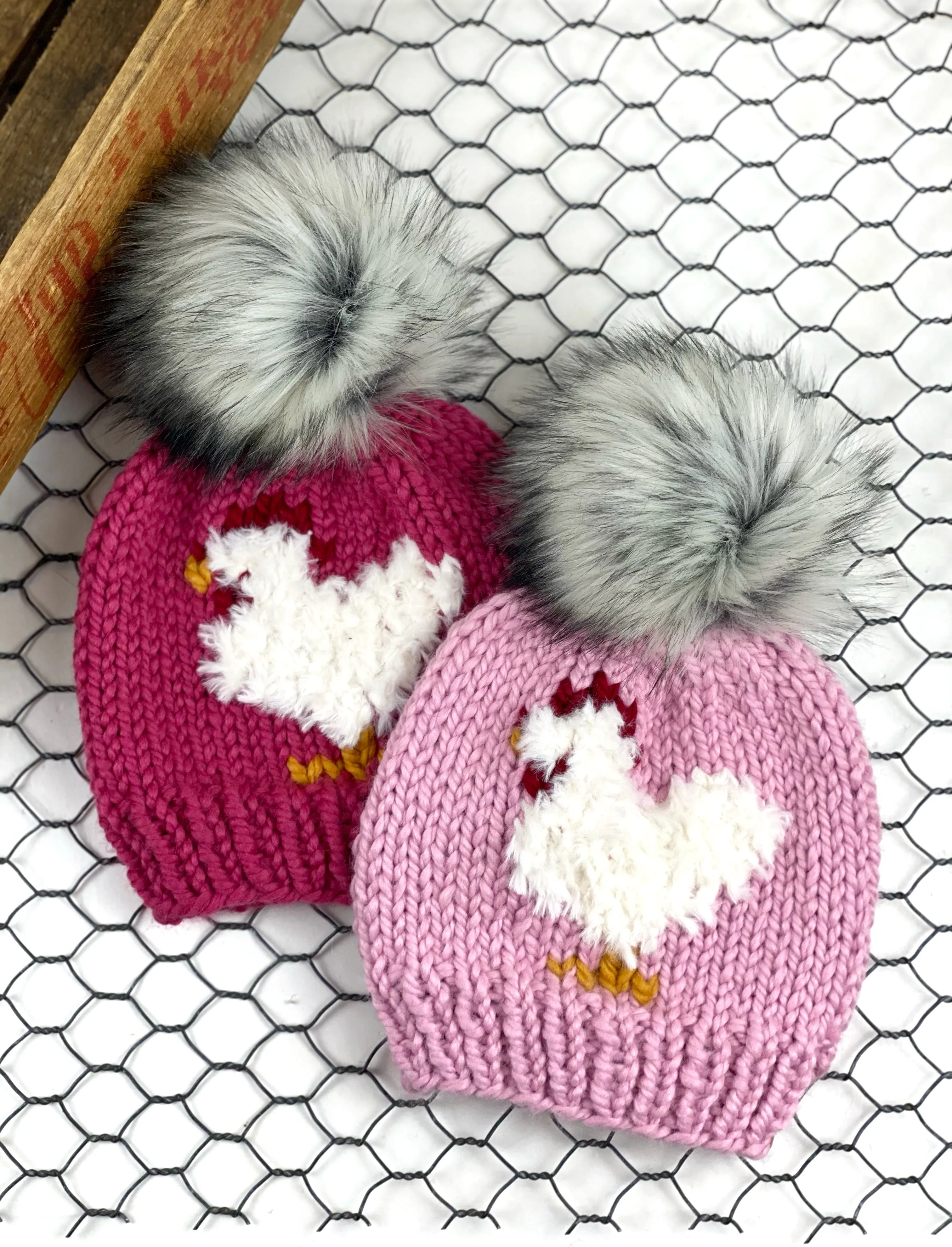 Furry Pink Chicken Beanie Wool Blend Womens Adult Hat Faux Fur Pom Pom Hat