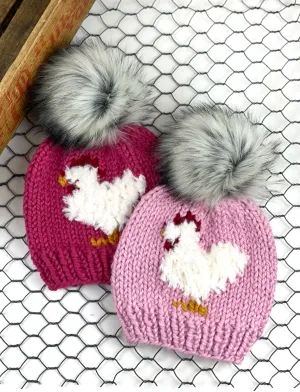 Furry Pink Chicken Beanie Wool Blend Womens Adult Hat Faux Fur Pom Pom Hat