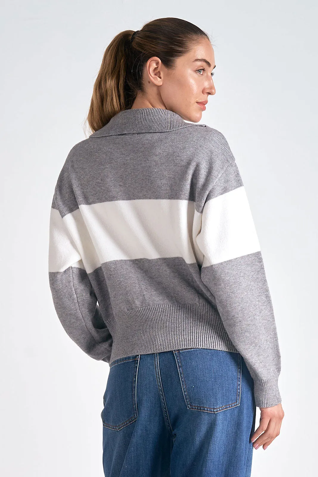 Grey White Stripe Quarter Zip Sweater