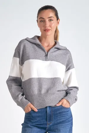 Grey White Stripe Quarter Zip Sweater