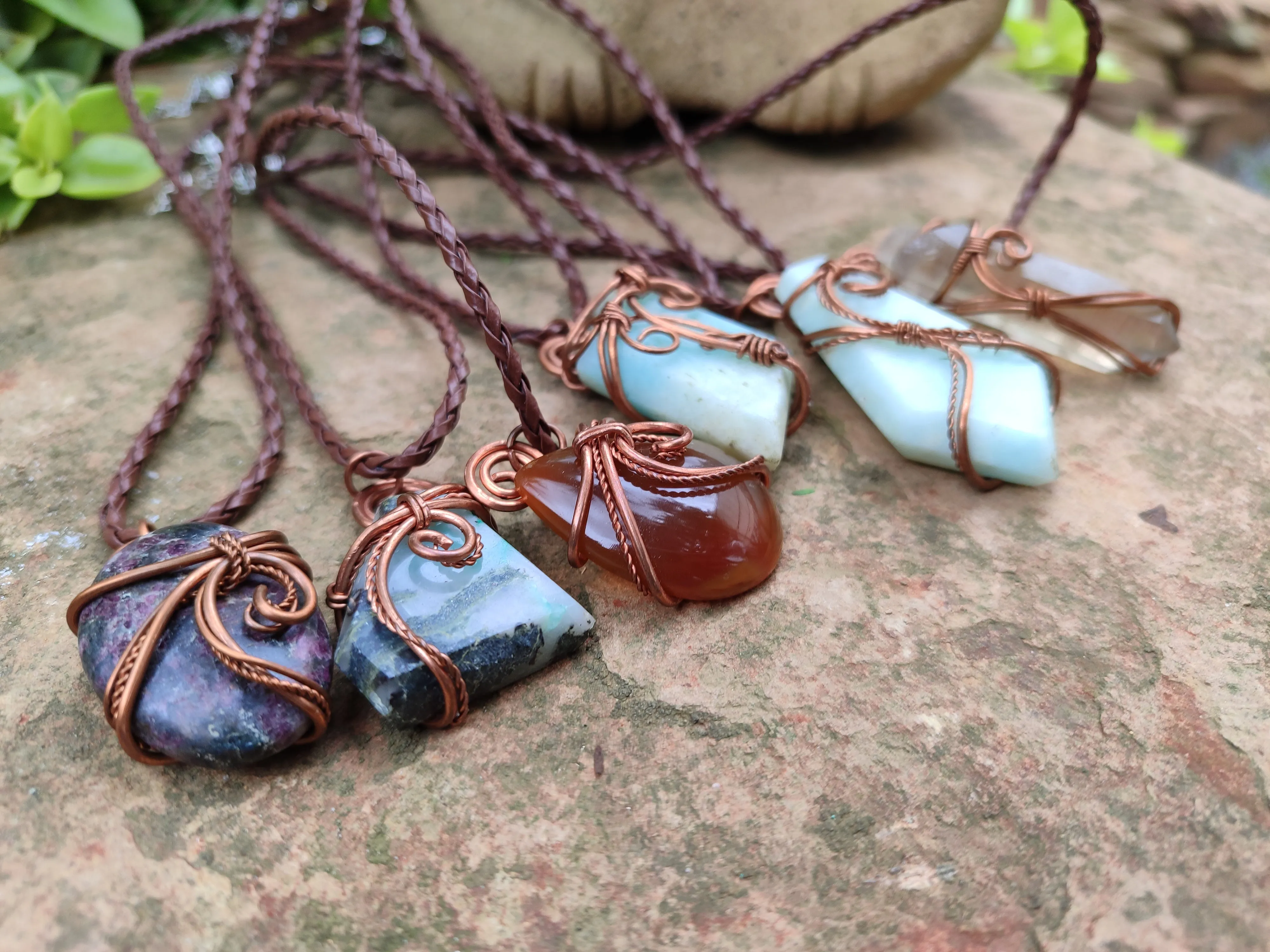 Hand Made Copper Wire Wrapped Stone Pendants x 6 From Southern Africa