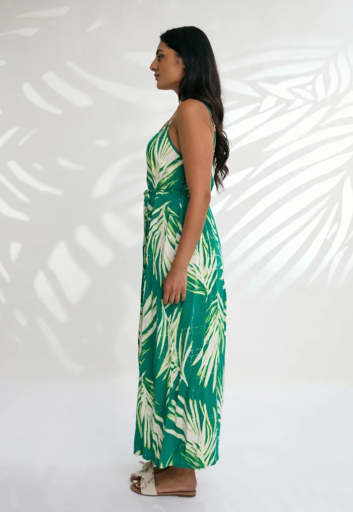 Indii Breeze Cami Plain Maxi Dress with Belt - Maui Green