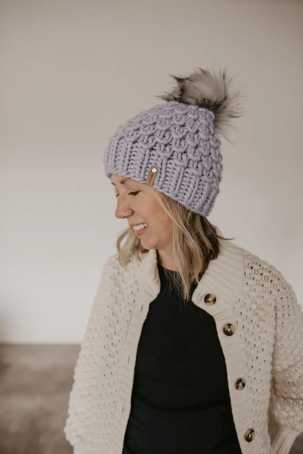 Lavender Peruvian Wool Knit Hat with Faux Fur Pom Pom