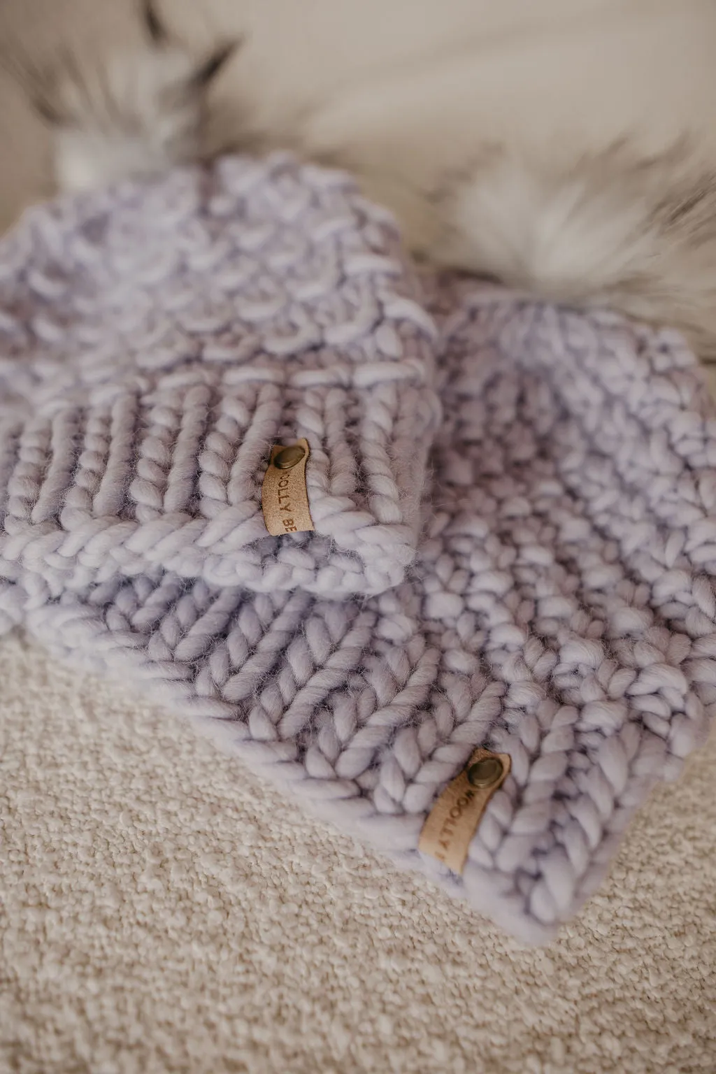 Lavender Peruvian Wool Knit Hat with Faux Fur Pom Pom