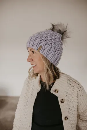 Lavender Peruvian Wool Knit Hat with Faux Fur Pom Pom