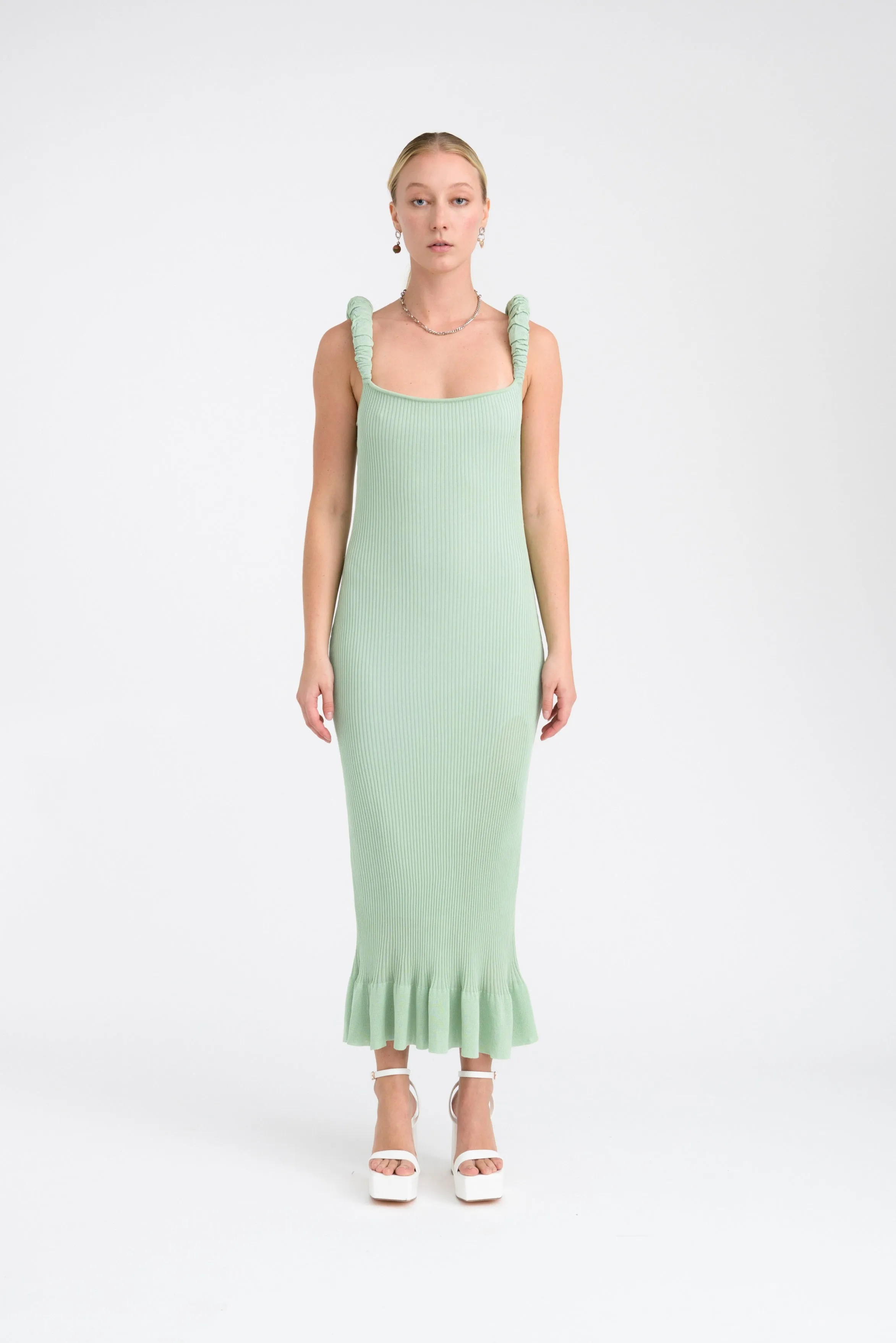 LEAF 3D-BUBBLE RUCHED MAXI TANK DRESS