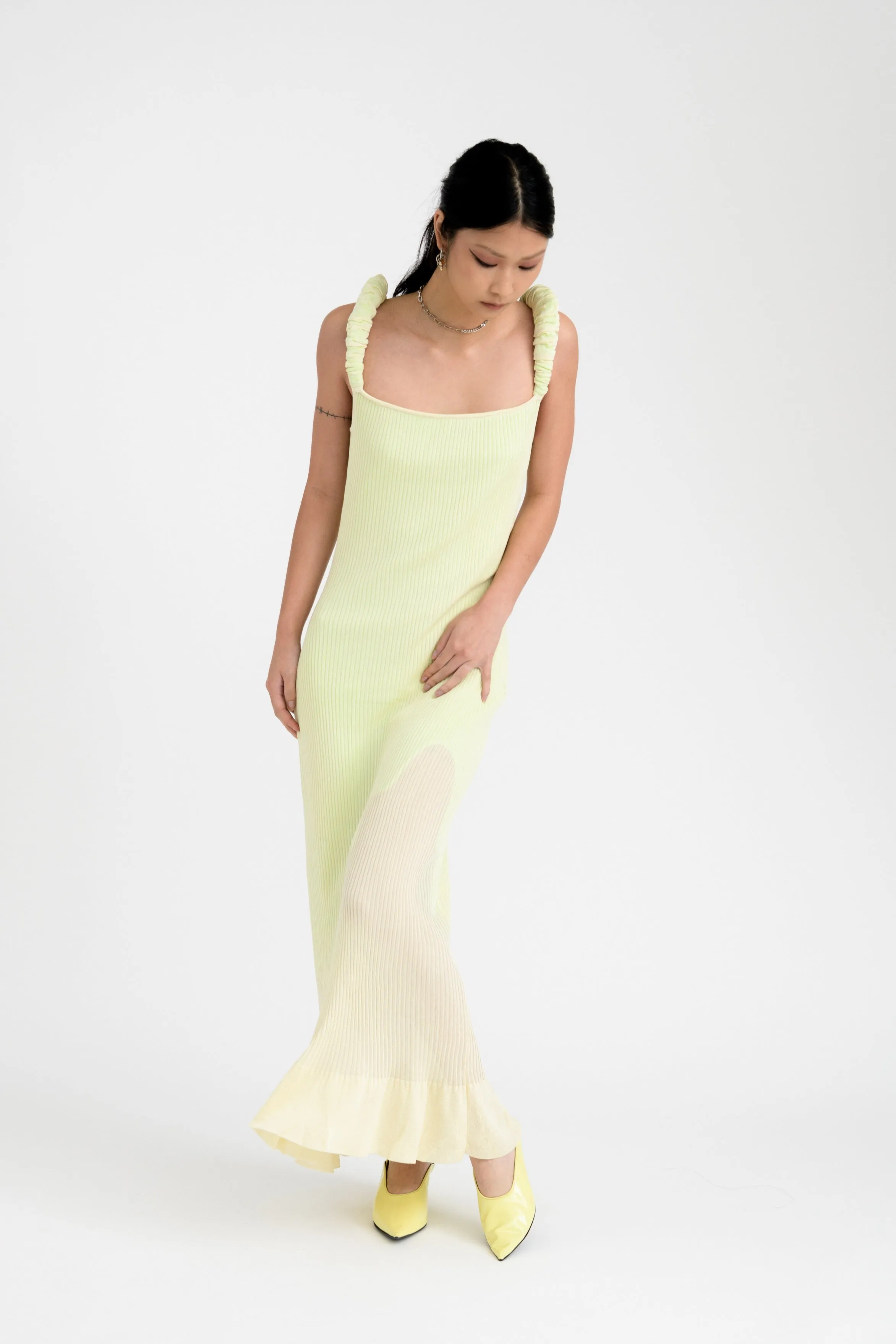 LEAF 3D-BUBBLE RUCHED MAXI TANK DRESS