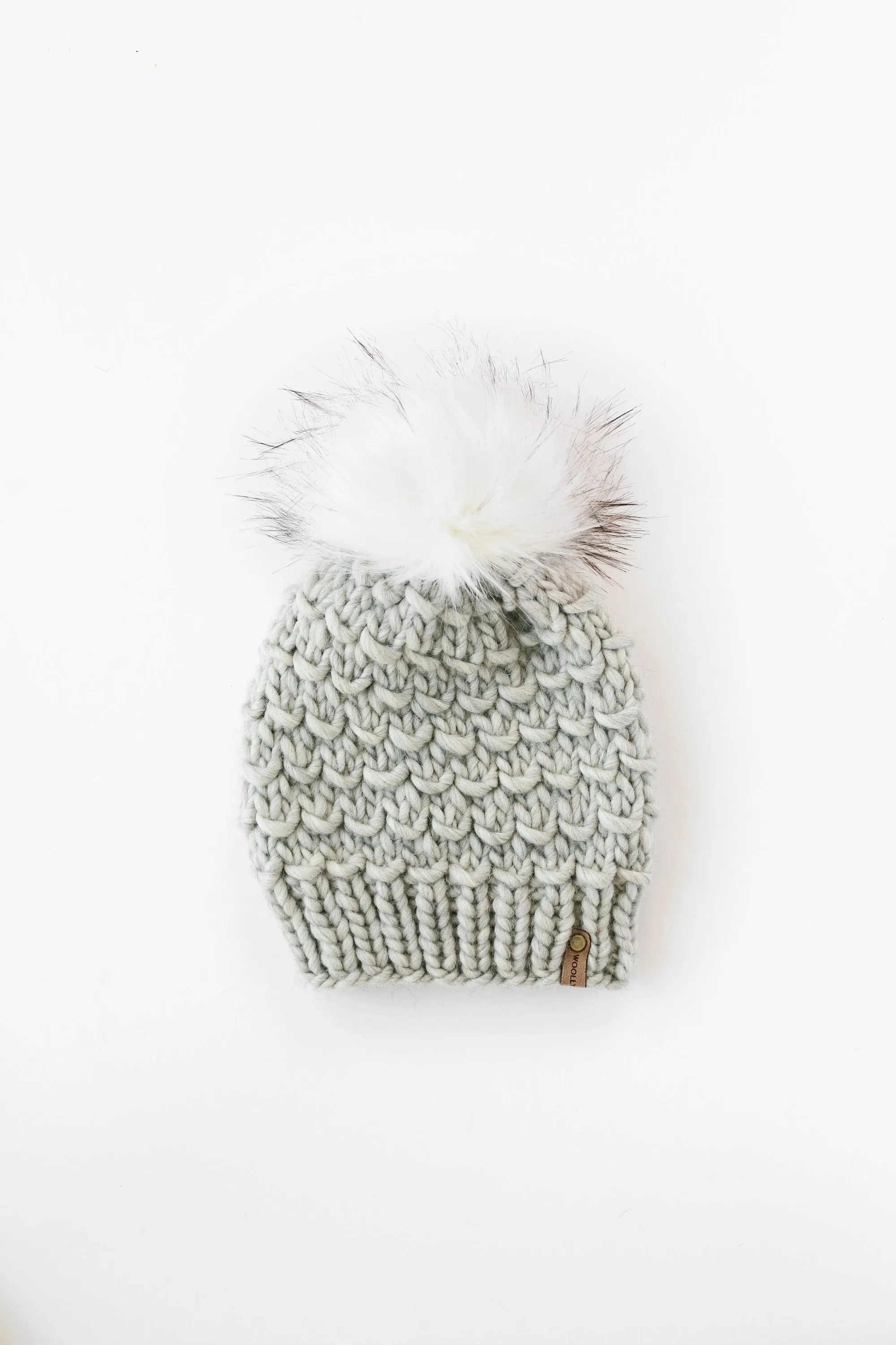 Light Gray Peruvian Wool Knit Hat with Faux Fur Pom Pom