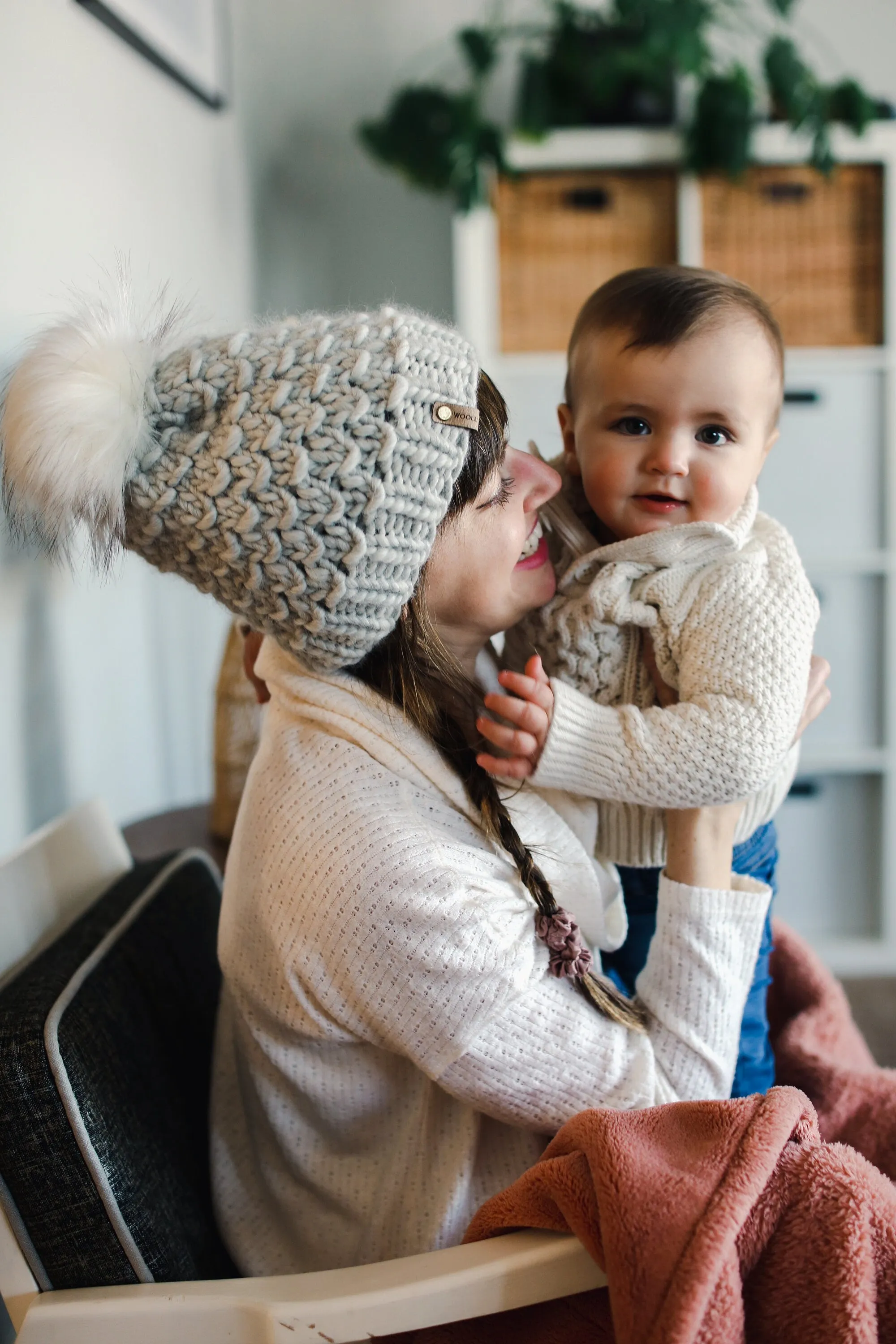 Light Gray Peruvian Wool Knit Hat with Faux Fur Pom Pom