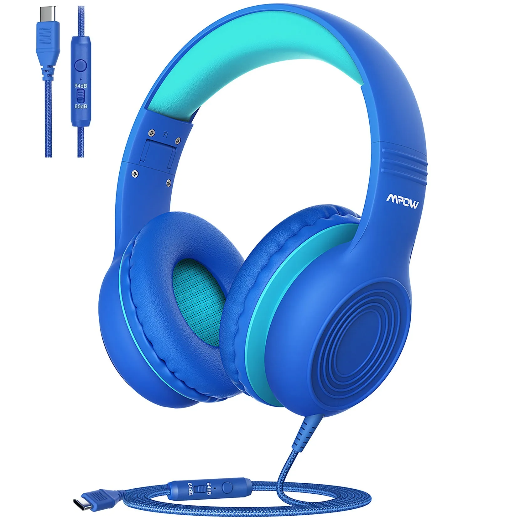 Mpow Kids Headphones with Microphone, Upgraded USB-C Foldable 85/94dB Safe Volume Stereo Adjustable over Ear Headphones for Kids, Girls, Boys, Share Function Wired Kids Headphones for School Tablet