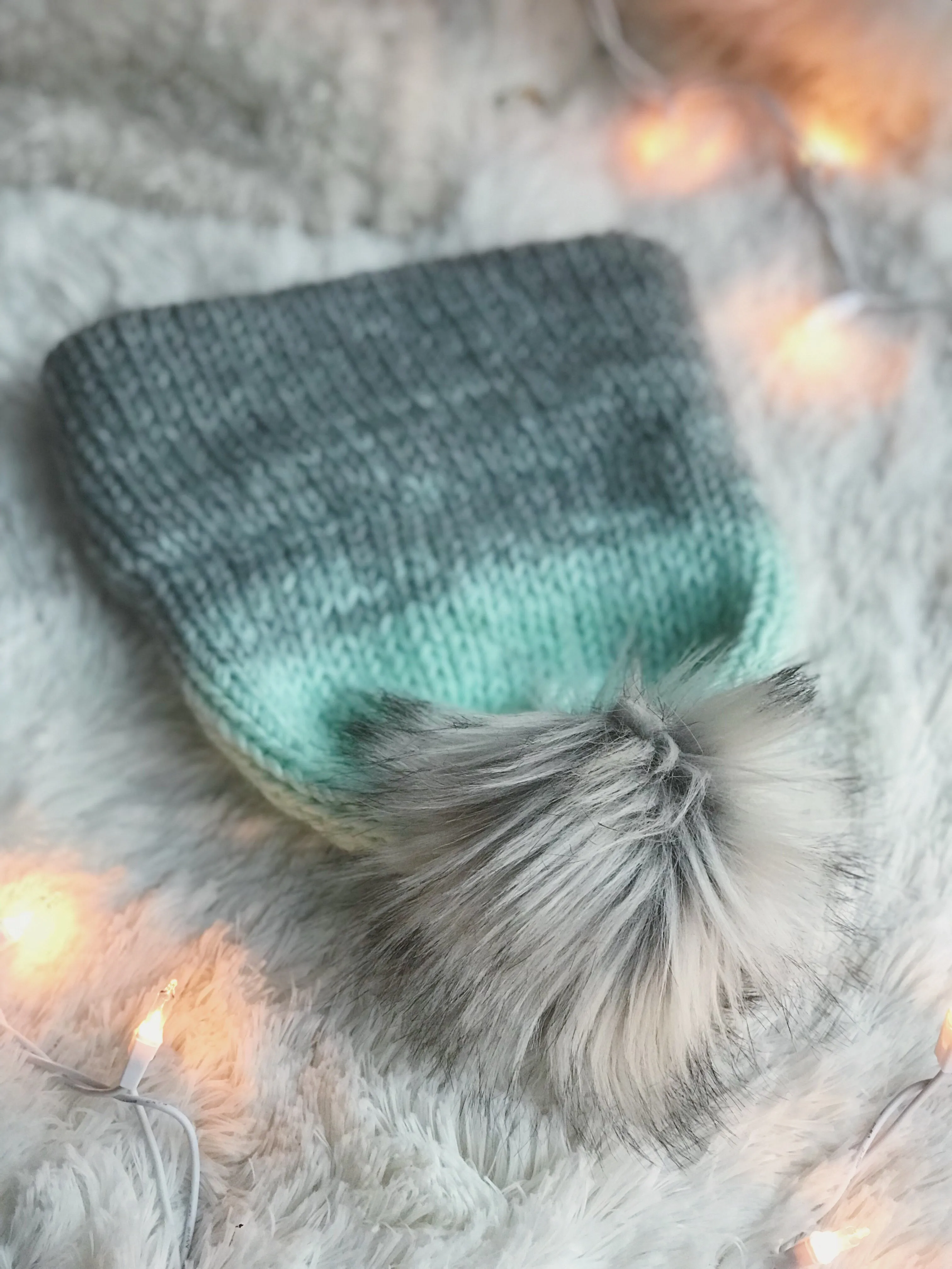 Ombre Adult Knitted Double Brim Beanie with Faux Fur Pom Pom