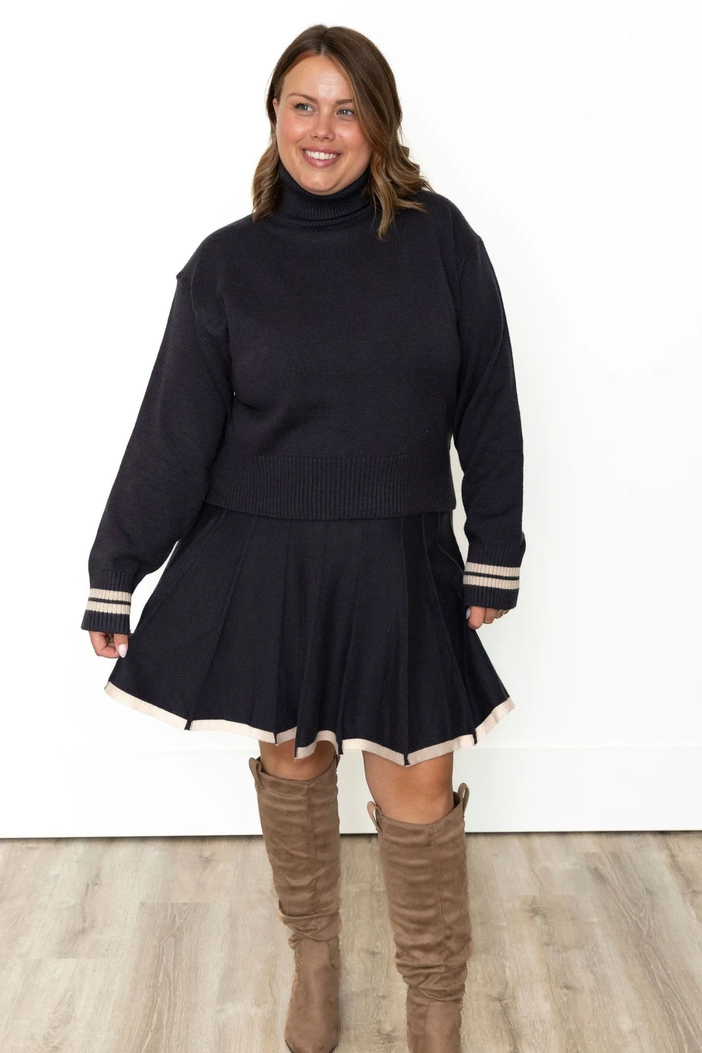 Pleated Knit Sweater Skirt - Navy Charcoal