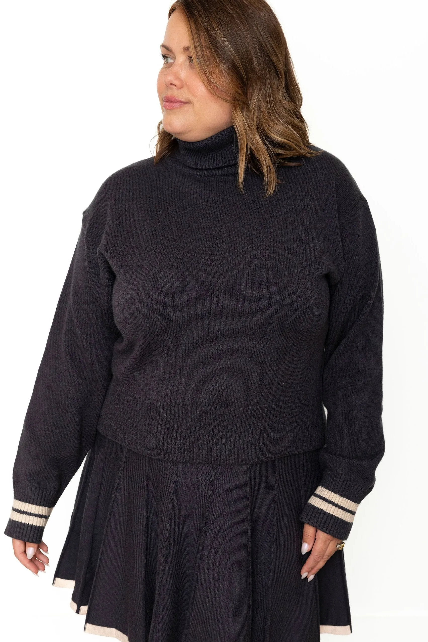 Pleated Knit Sweater Skirt - Navy Charcoal