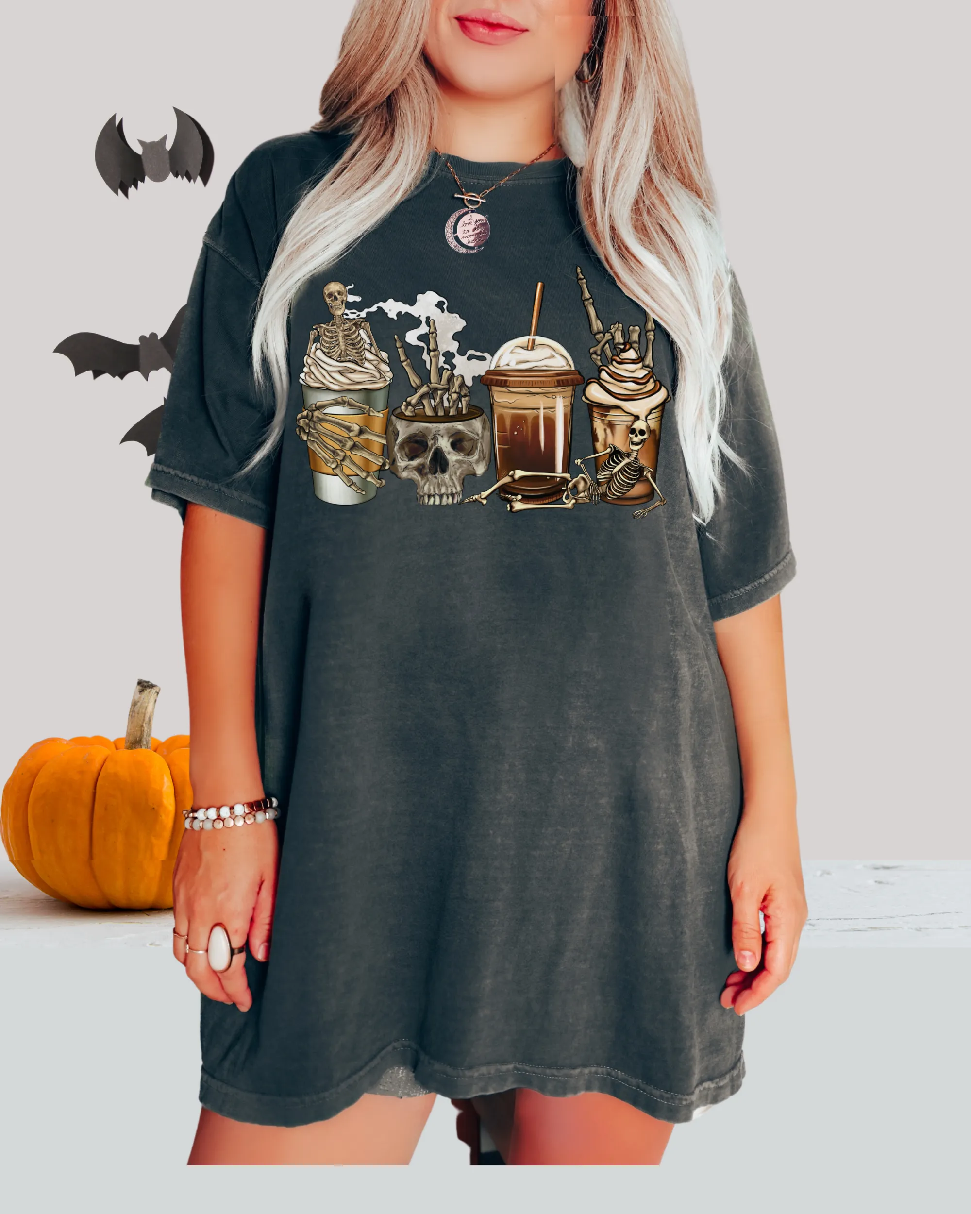 Pumpkin Spice Coffee Halloween Spooky Season Comfort Colors® Halloween T-Shirt, Women's Skeletons and Skulls T-Shirt