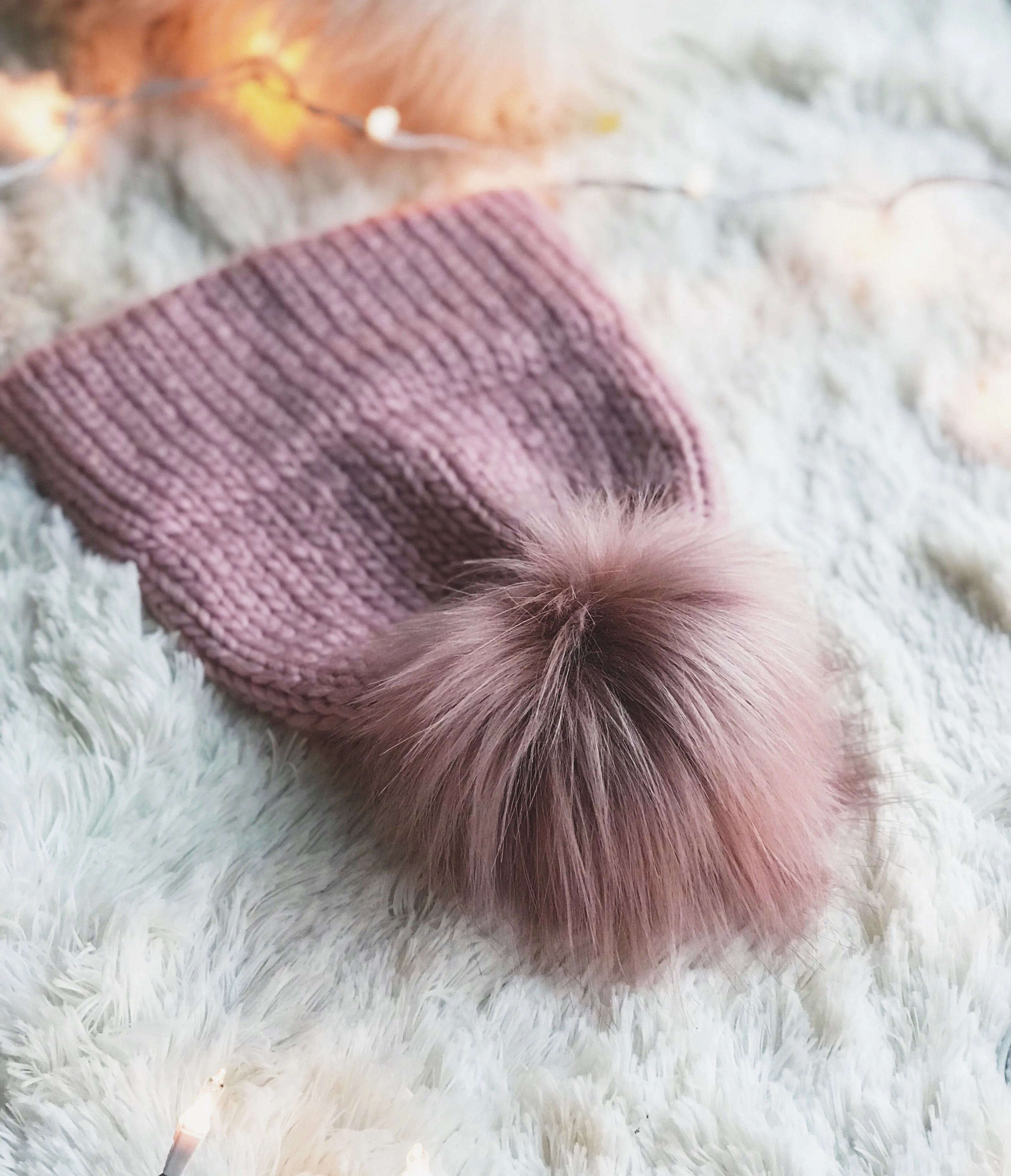 Rosé Adult Knitted Double Brim Beanie with Pink Moscato Faux Fur Pom Pom