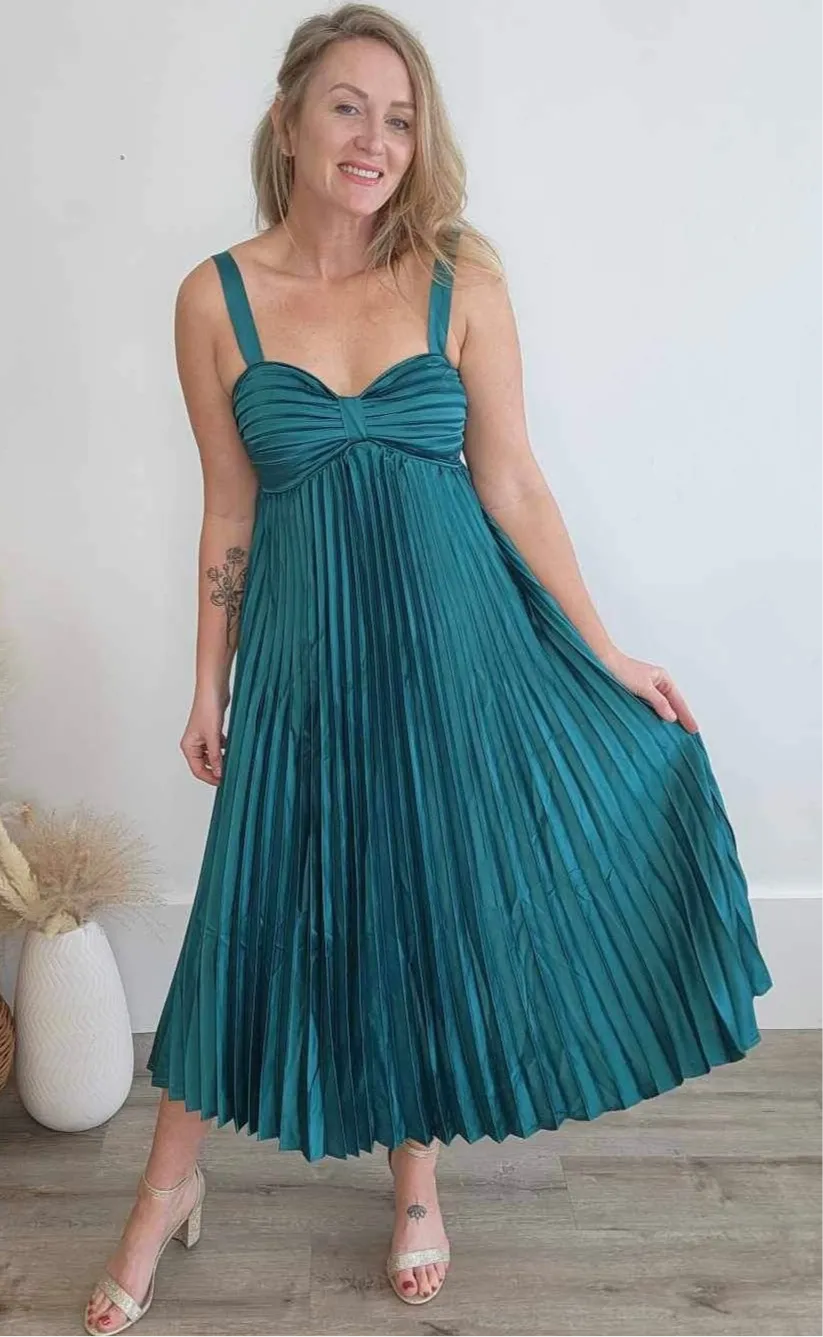 Satin Pleated Midi Dress - Teal Green