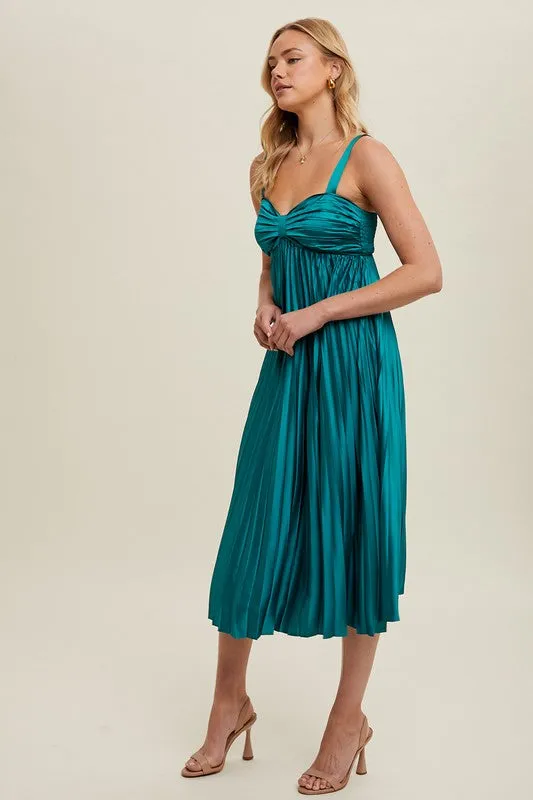 Satin Pleated Midi Dress - Teal Green