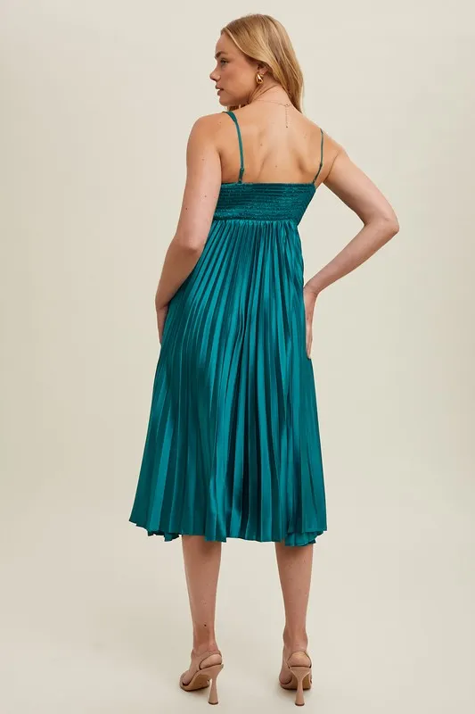 Satin Pleated Midi Dress - Teal Green