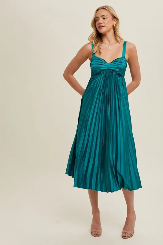 Satin Pleated Midi Dress - Teal Green