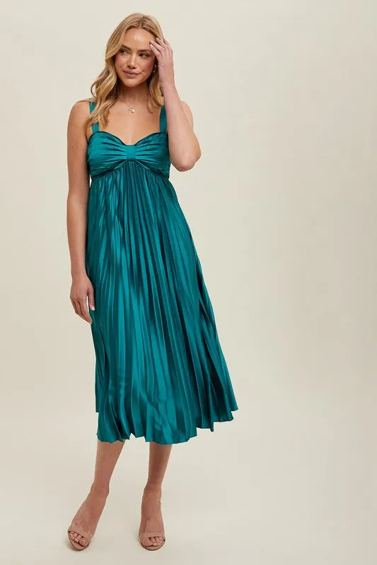 Satin Pleated Midi Dress - Teal Green